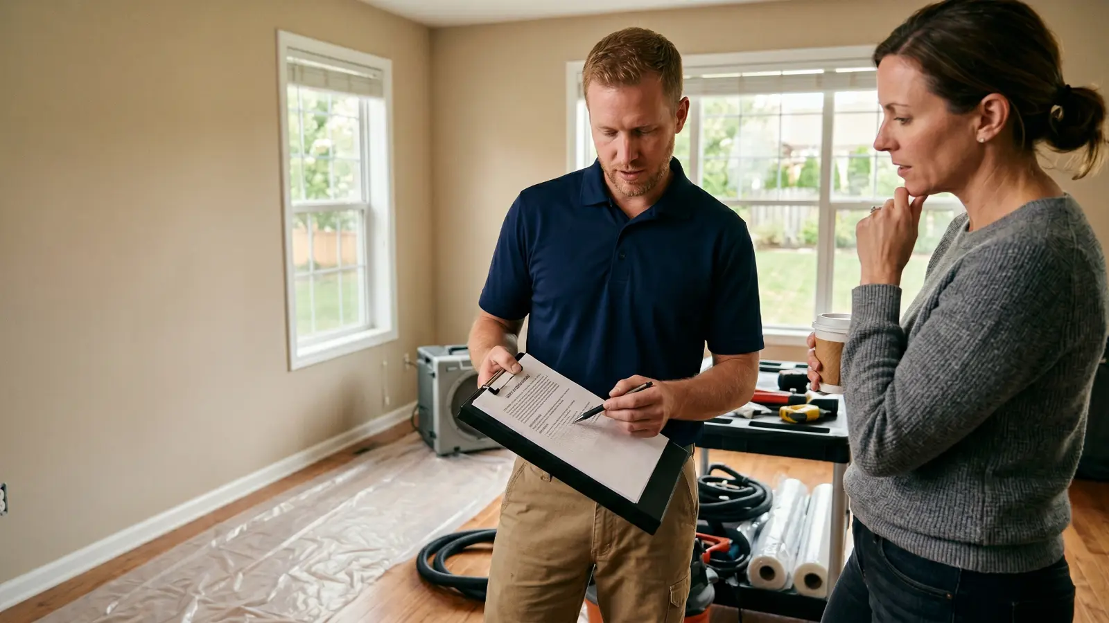 Mold remediation contractor reviewing a written scope of work with a homeowner in a cleared room with remediation equipment staged in the background
