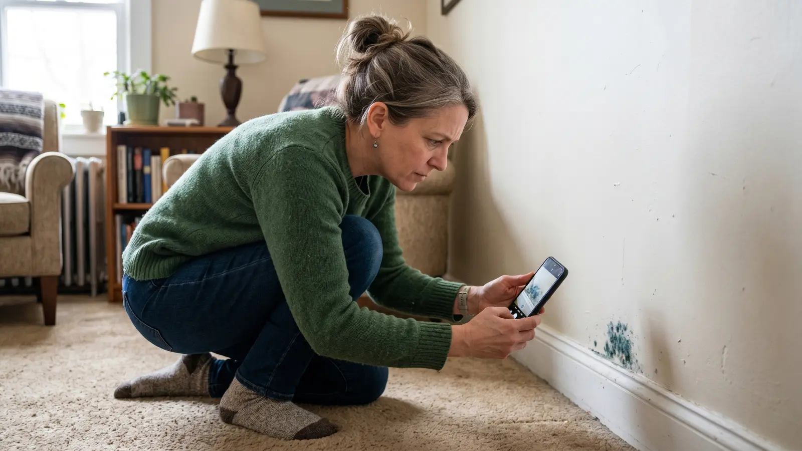 Homeowner crouching to photograph blue-green mold on a baseboard with her phone, assessing whether to handle removal herself or call a professional