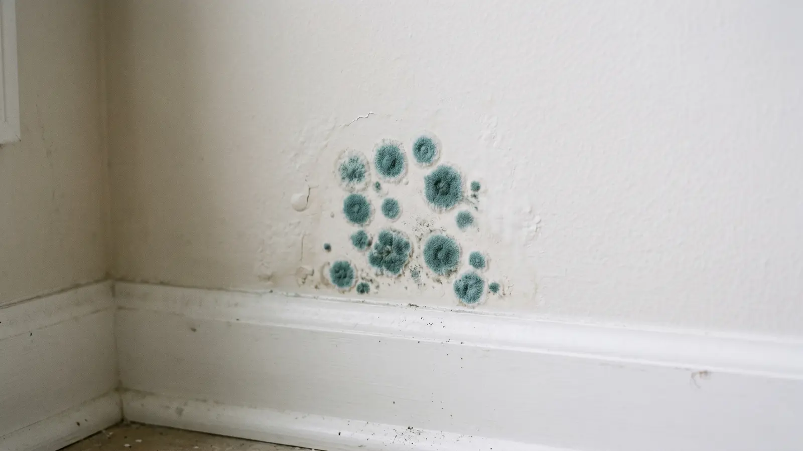 Blue-green Penicillium mold colonies of varying sizes growing on an interior wall corner near the baseboard, showing characteristic circular powdery patches