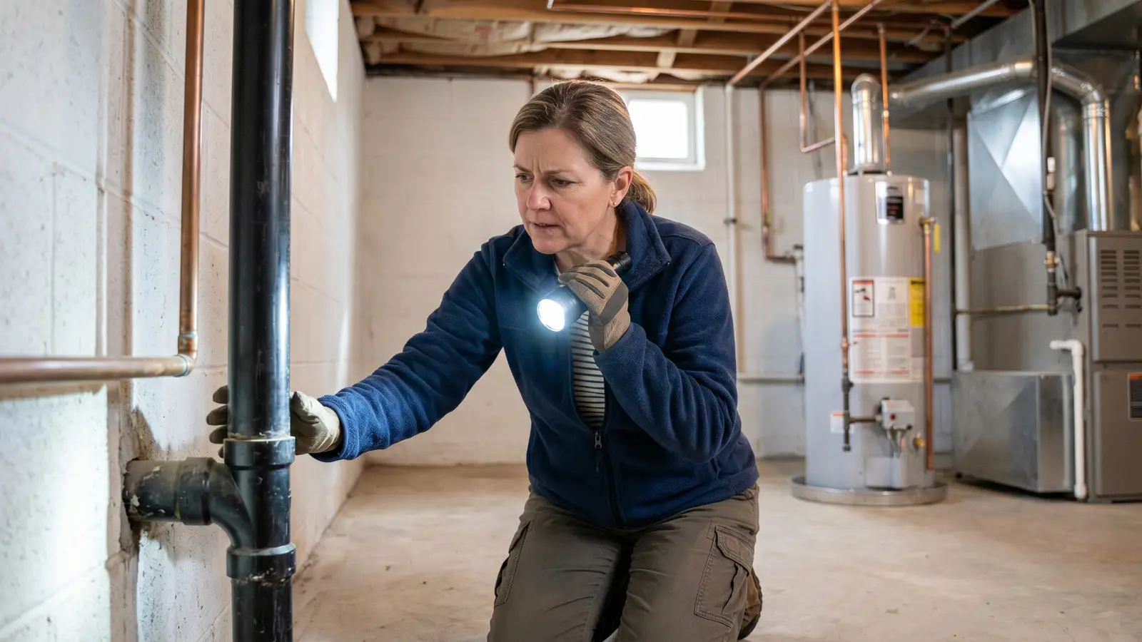 Homeowner in work gloves using a flashlight to inspect pipe penetrations at the base of a basement wall as part of routine Penicillium prevention