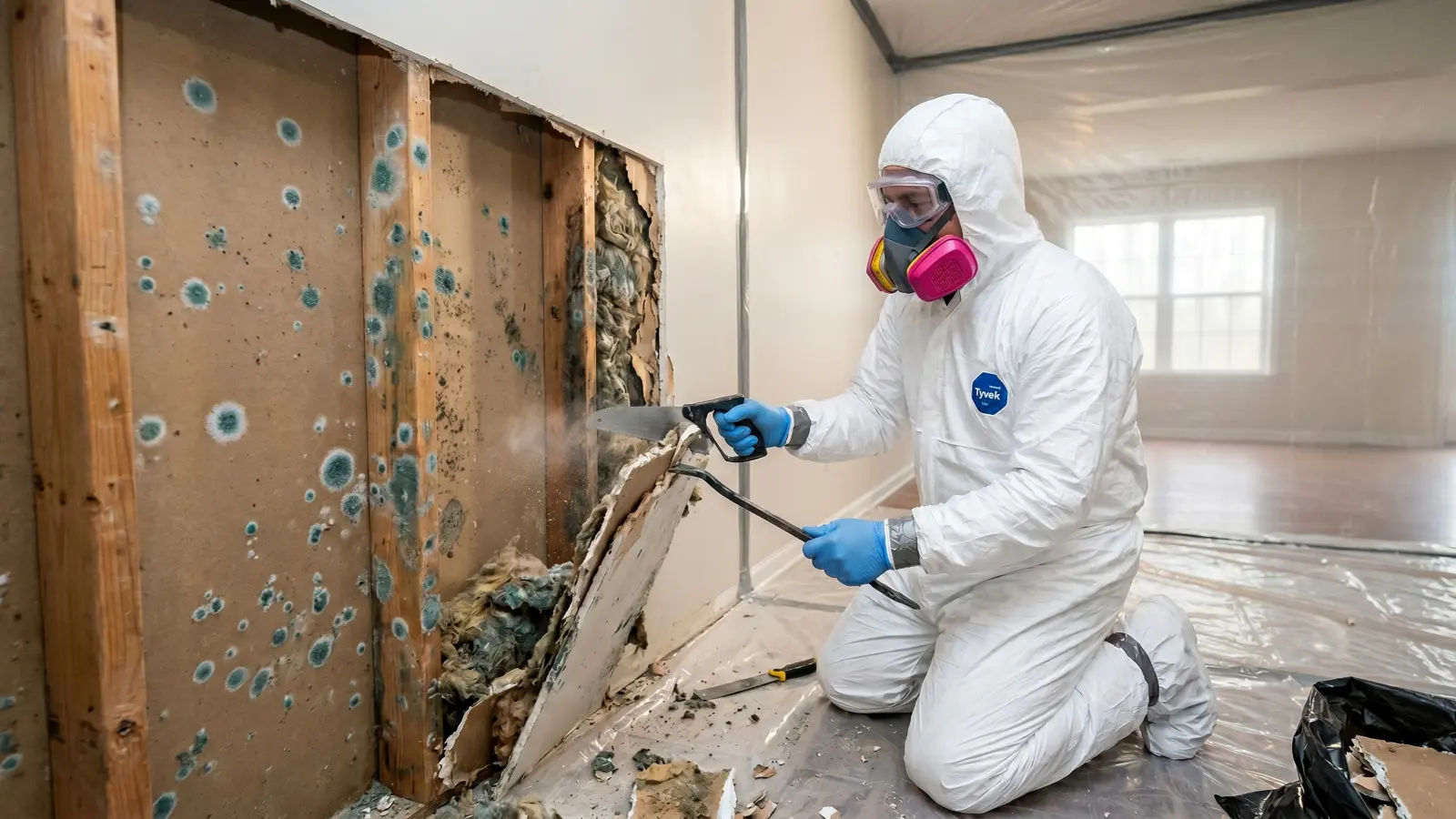 Professional mold remediation technician in Tyvek suit and P-100 respirator removing mold-affected drywall showing blue-green Penicillium colonies on the exposed wall framing