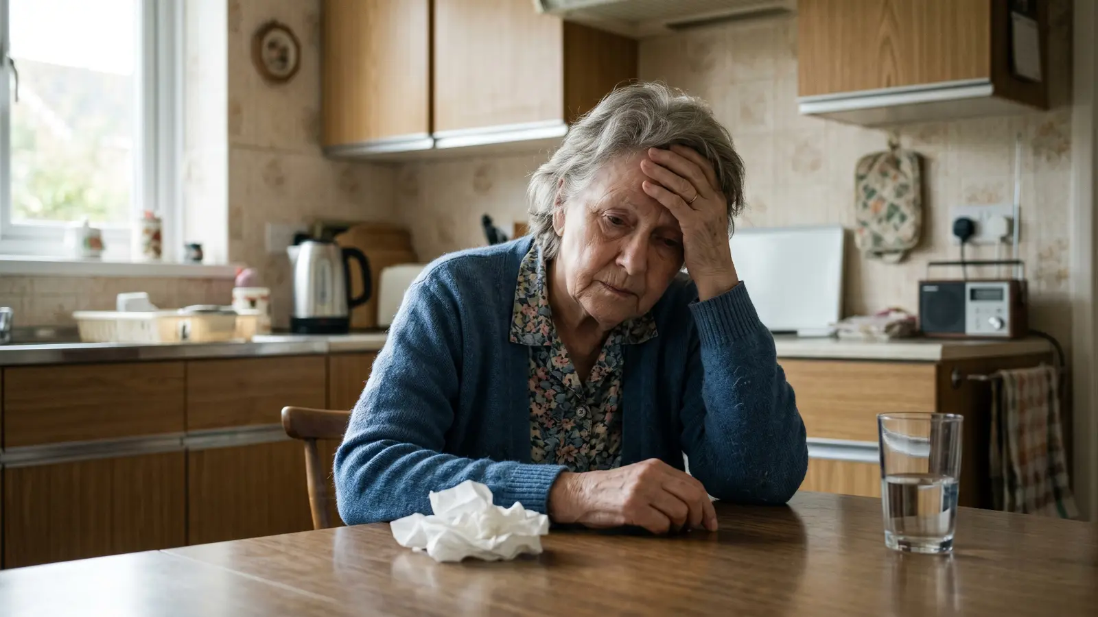 Elderly woman at a kitchen table with hand pressed to her temple and a tissue box nearby, illustrating chronic respiratory symptoms from Penicillium mold exposure