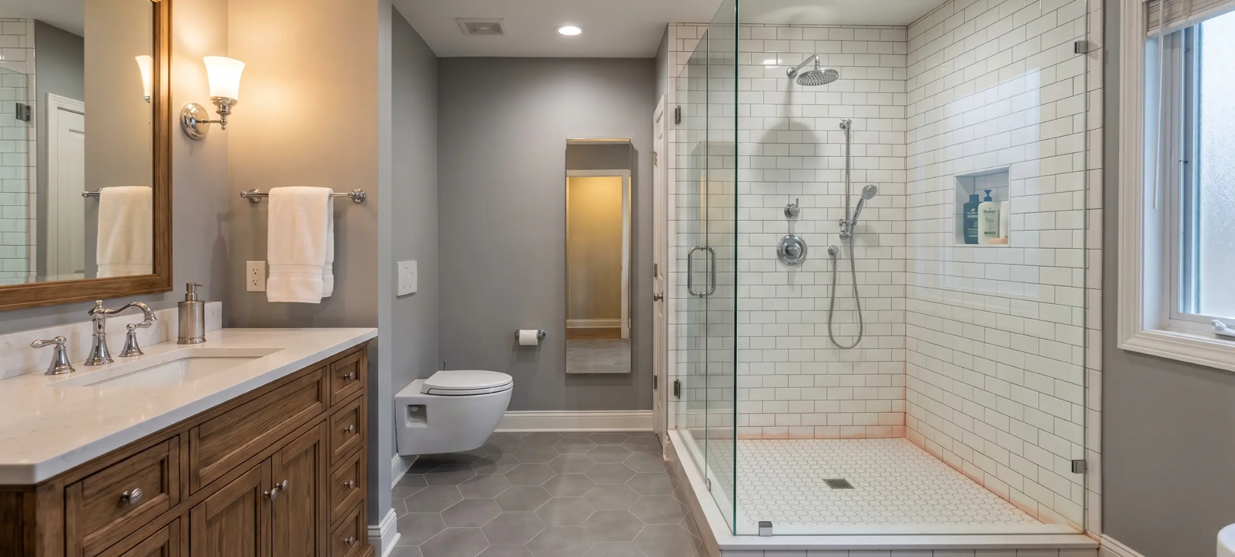 Wide-angle view of a residential bathroom with pink-orange bacterial staining visible in the grout lines at the base of the shower walls, vanity and mirror on the left