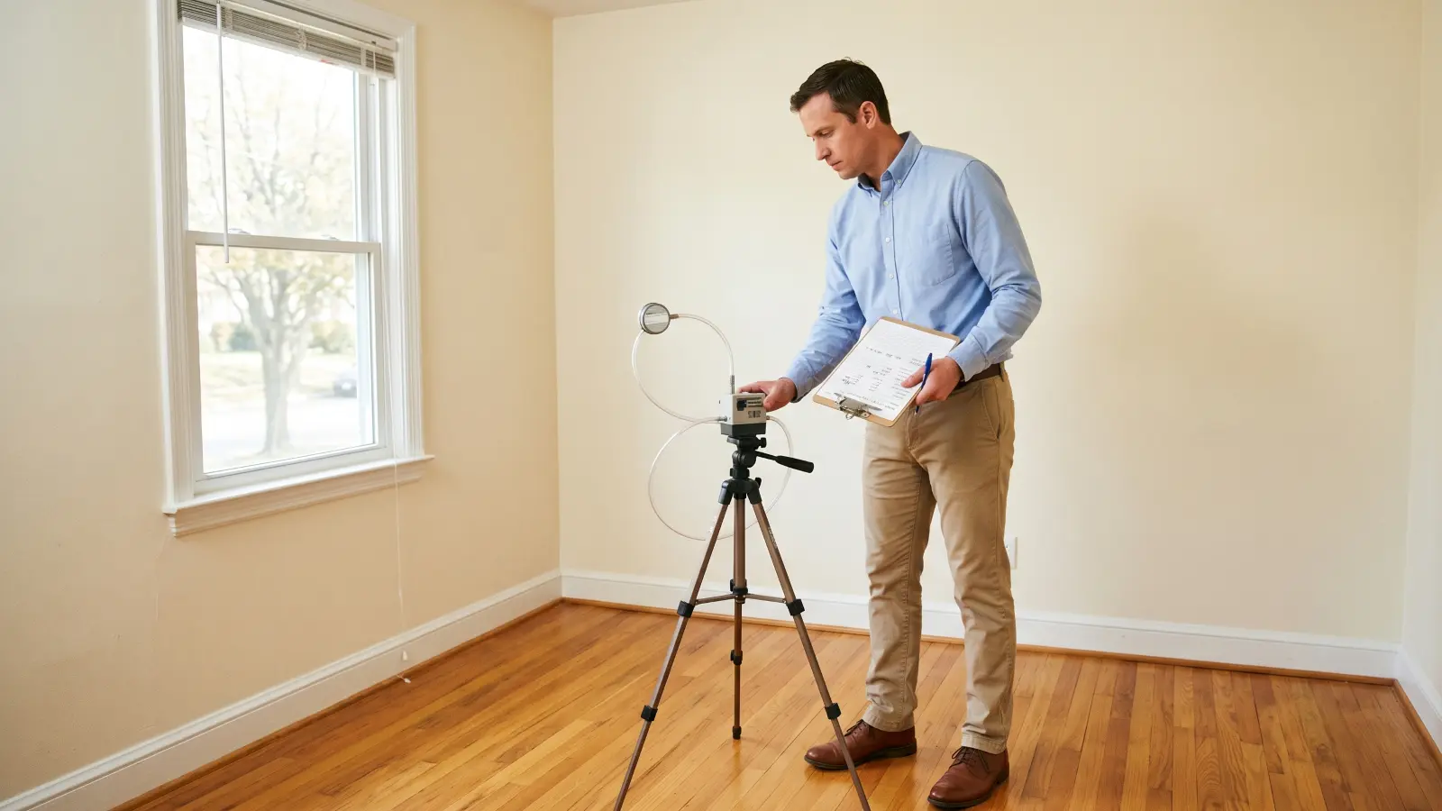 Independent environmental professional conducting post-remediation air quality testing in a cleared residential room