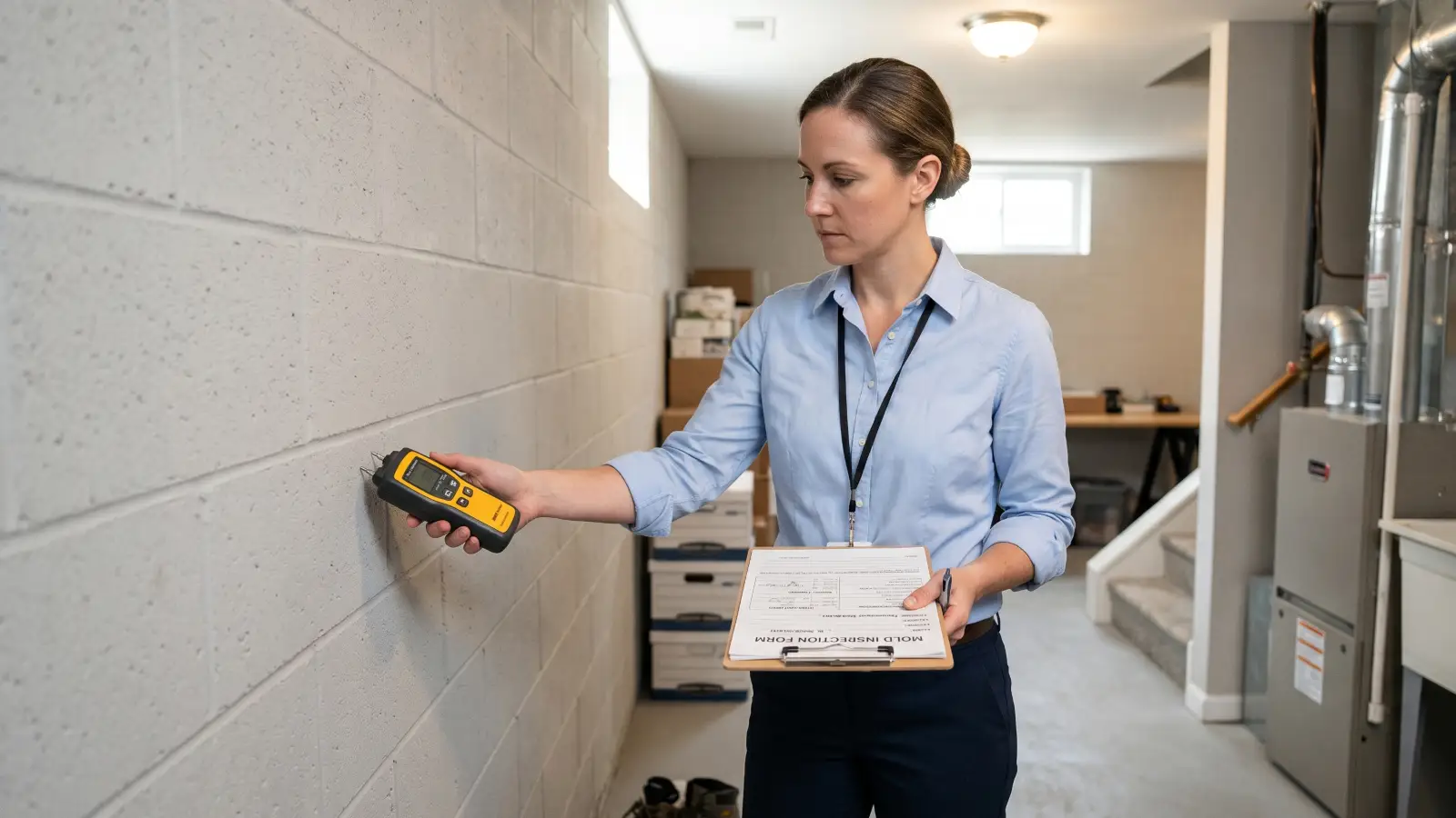 Inspector conducting post-remediation clearance testing in a finished basement