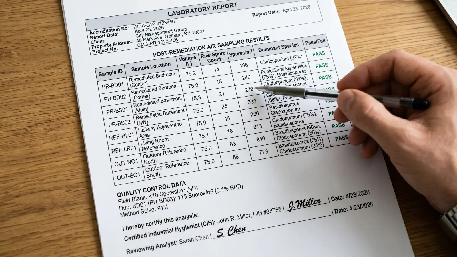Post-remediation air sampling laboratory report showing spore counts, dominant species, pass/fail results, and assessor certification signatures