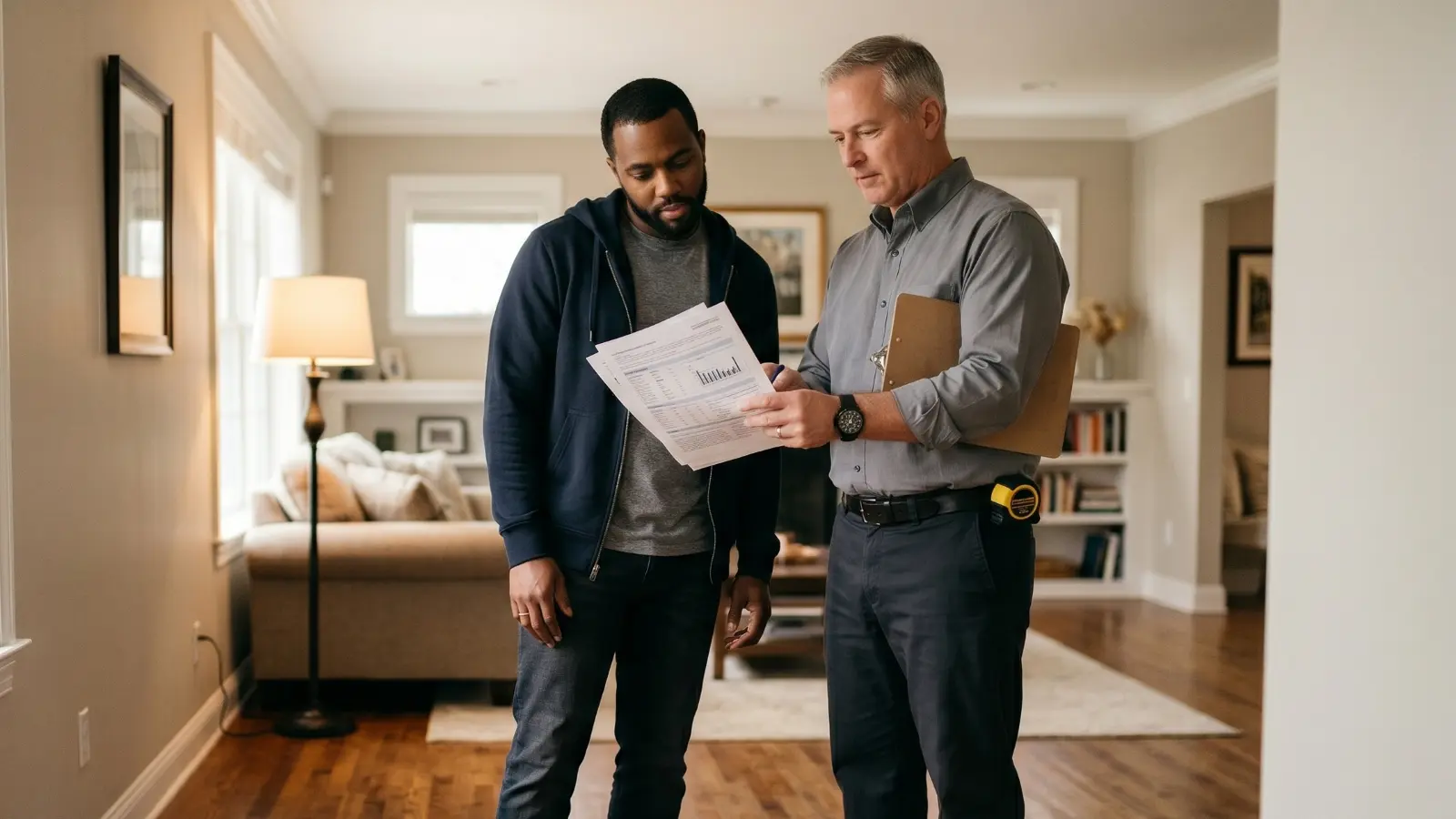 Inspector and homeowner reviewing post-remediation verification documents together in a finished residential living room