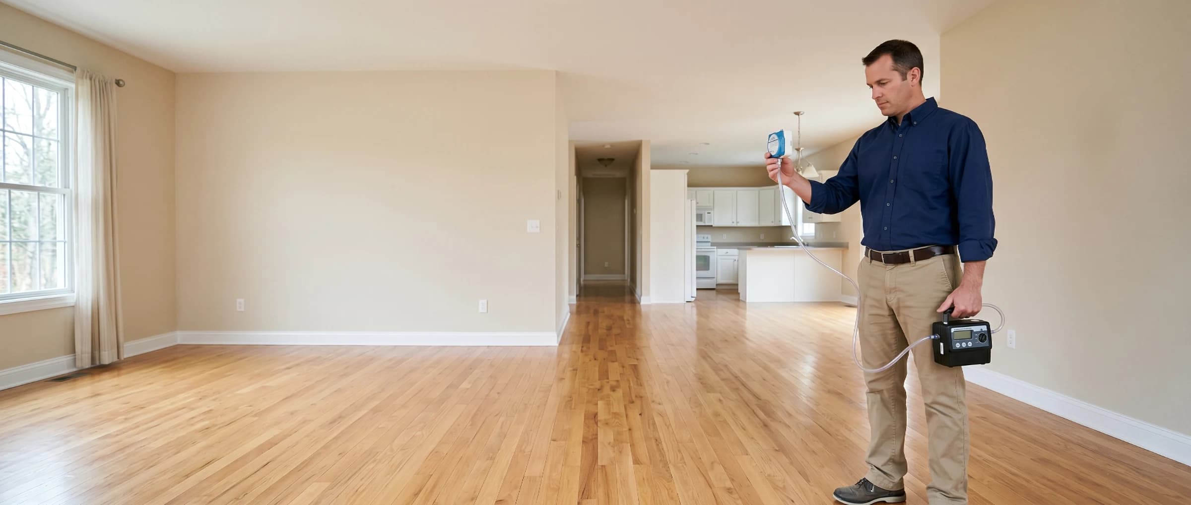 Male mold inspector collecting air samples with a calibrated pump in a clean, empty residential room after mold remediation