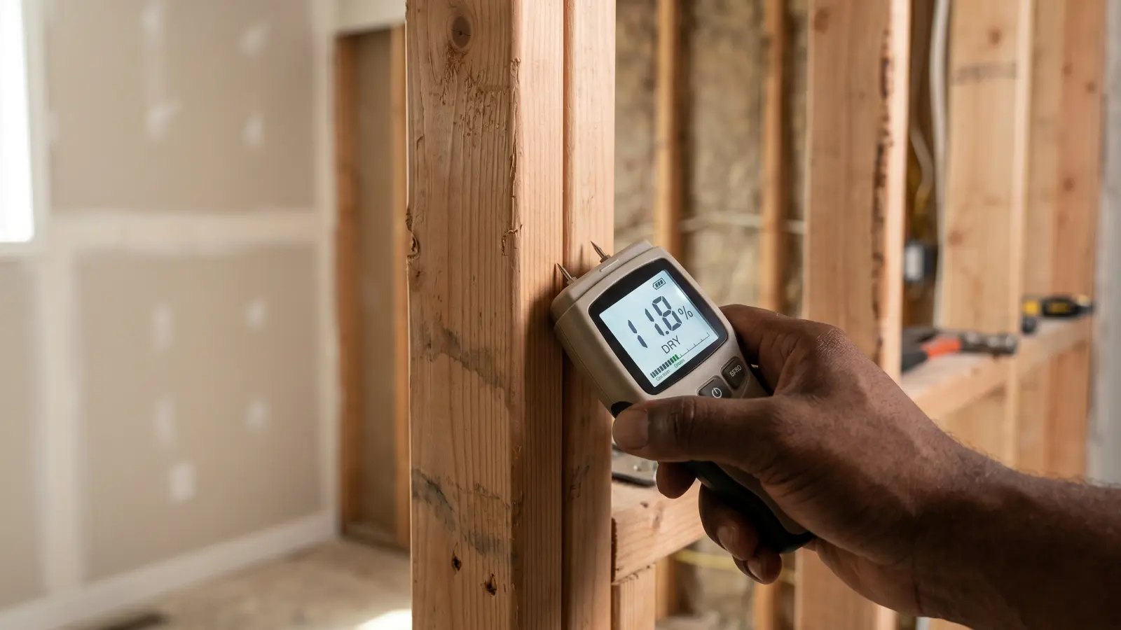 Moisture meter reading 11.8% dry on a wood stud during post-remediation verification, with drywalled wall visible in background