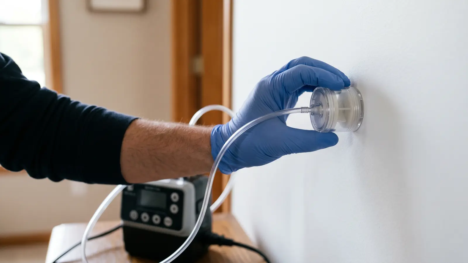 Gloved hand positioning a spore trap cassette against a clean white wall connected to an air sampling pump during mold clearance testing