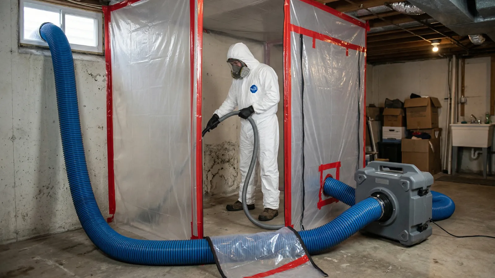 Professional mold remediation setup with containment barrier and negative air machine in a residential basement
