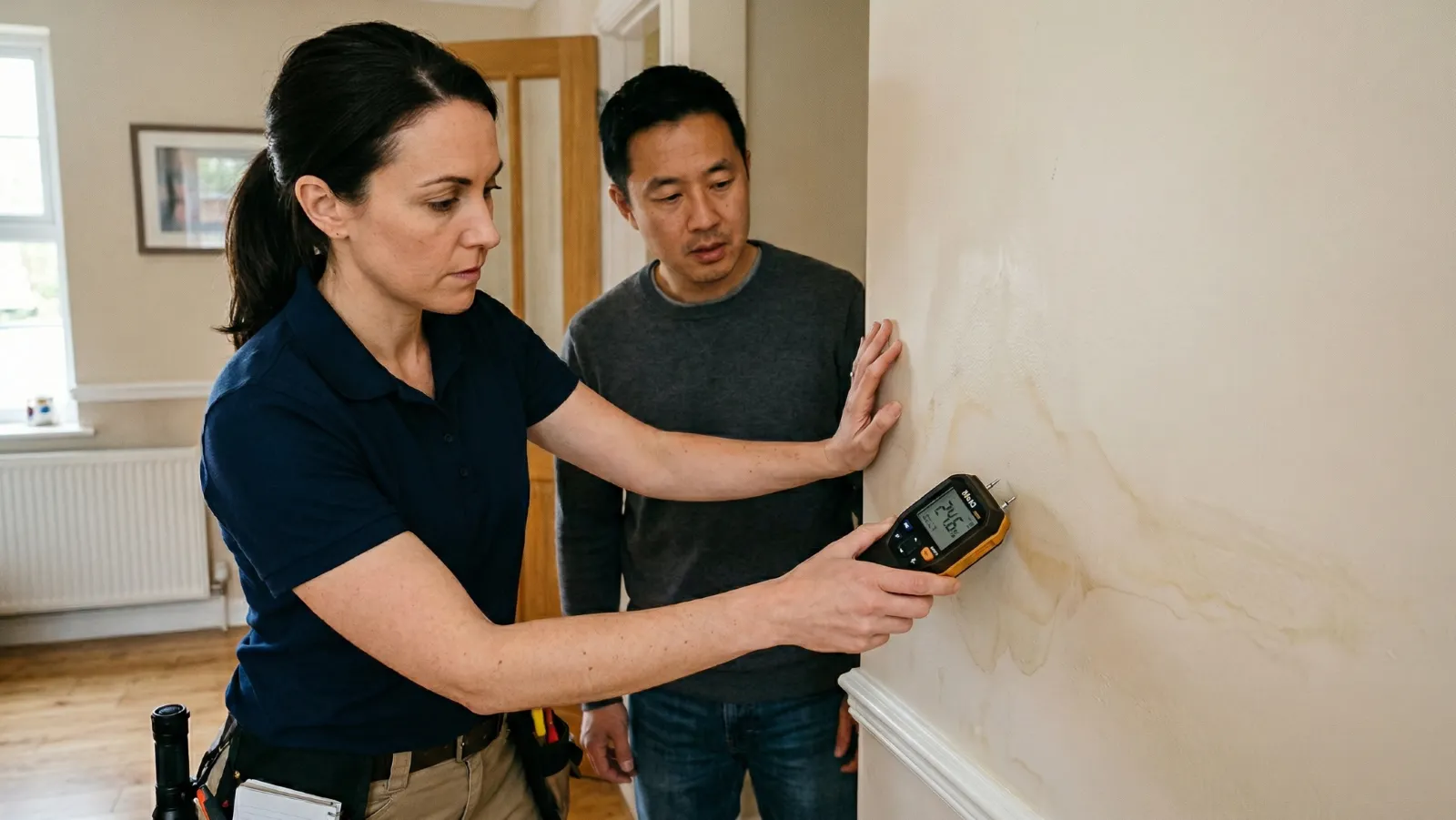 Mold remediation contractor using moisture meter on water-stained wall with homeowner present