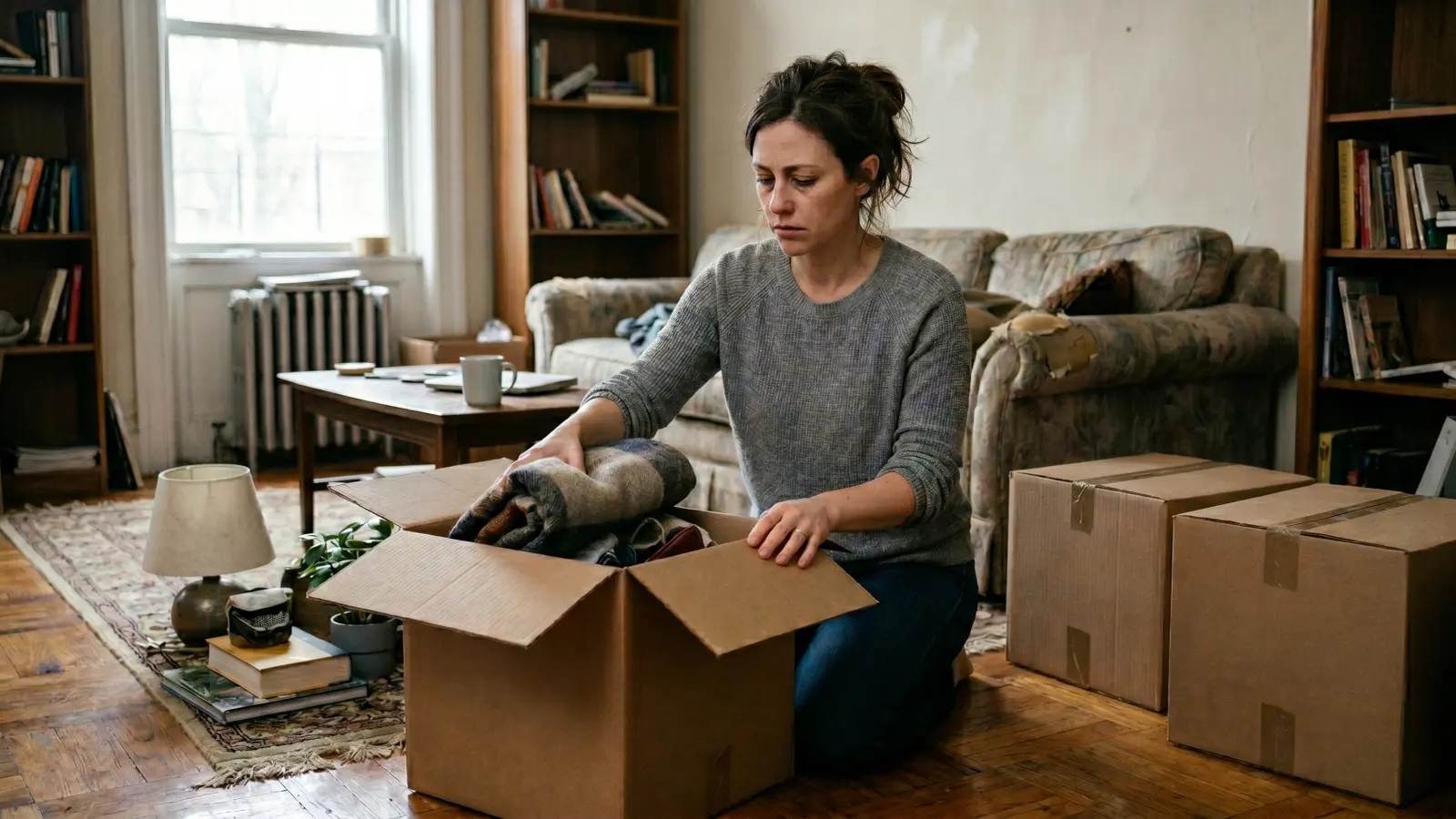 Tenant packing boxes to move out of a rental apartment due to unresolved mold problems