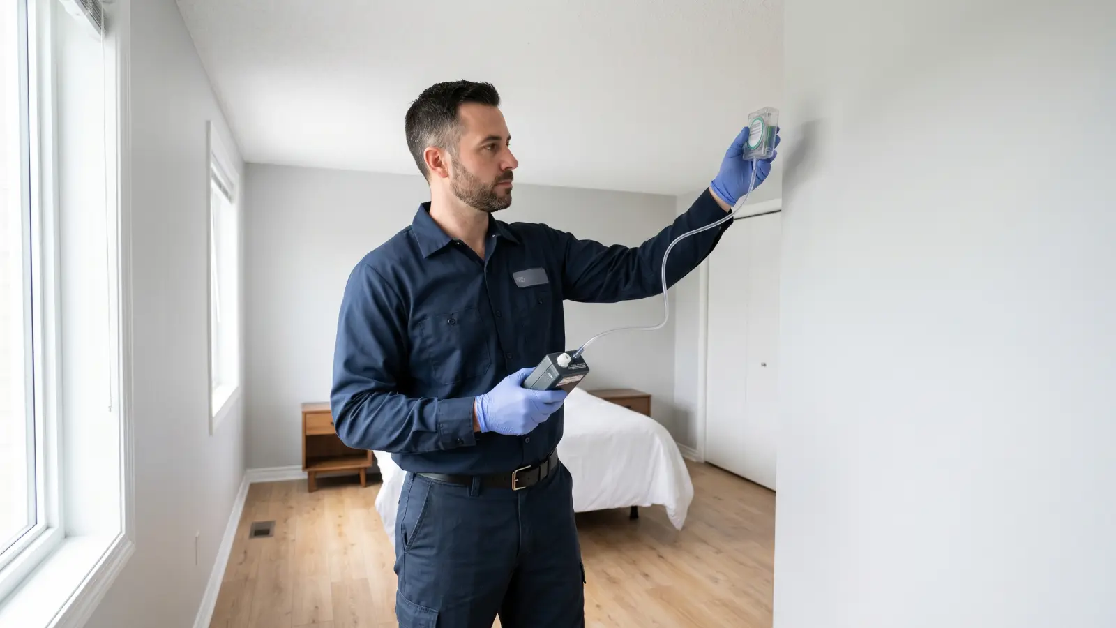 Mold inspector conducting post-remediation air sampling in a rental apartment bedroom for clearance testing
