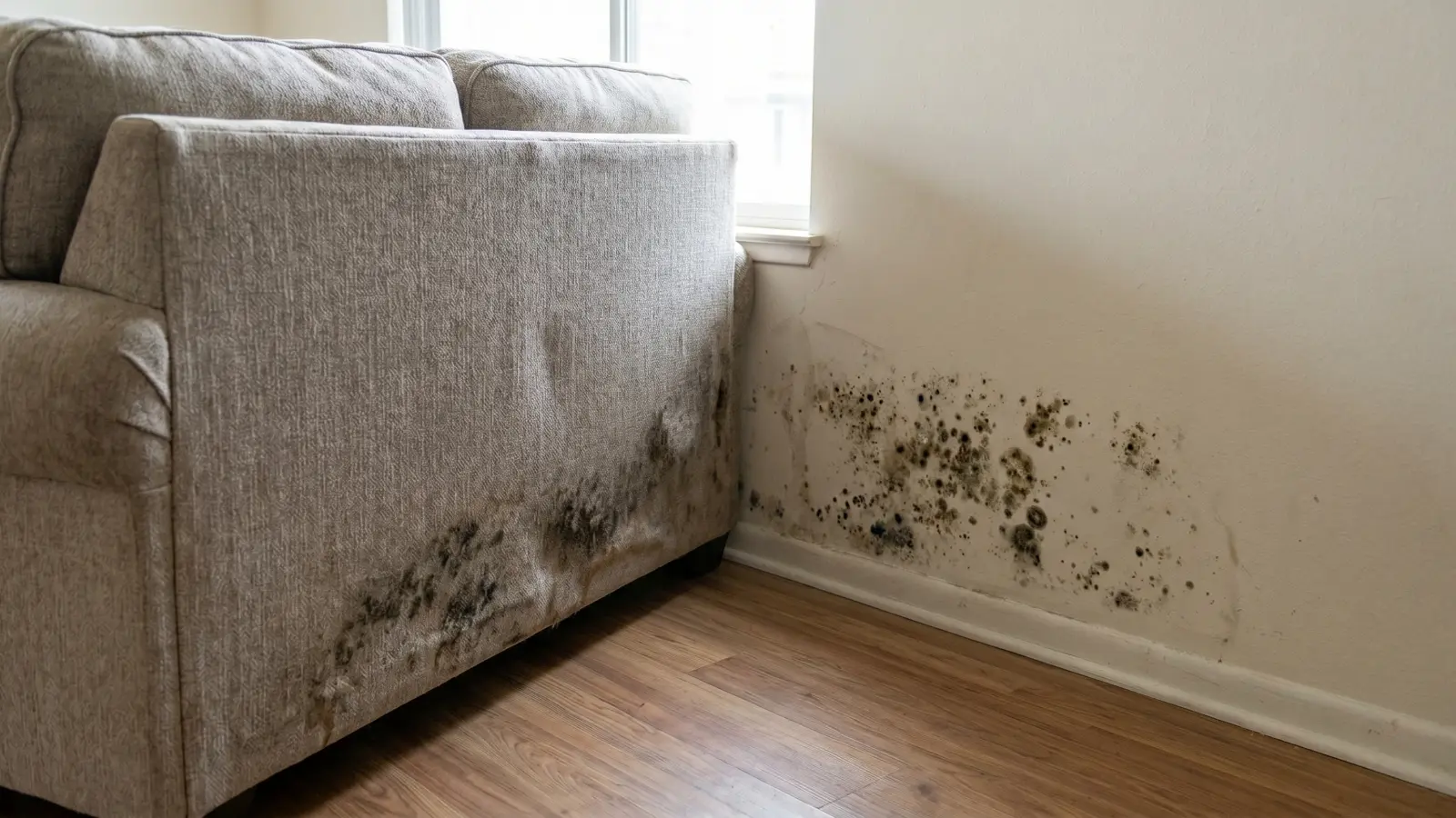 Mold on the back of a couch and wall in a rental apartment after being pulled away from an exterior wall