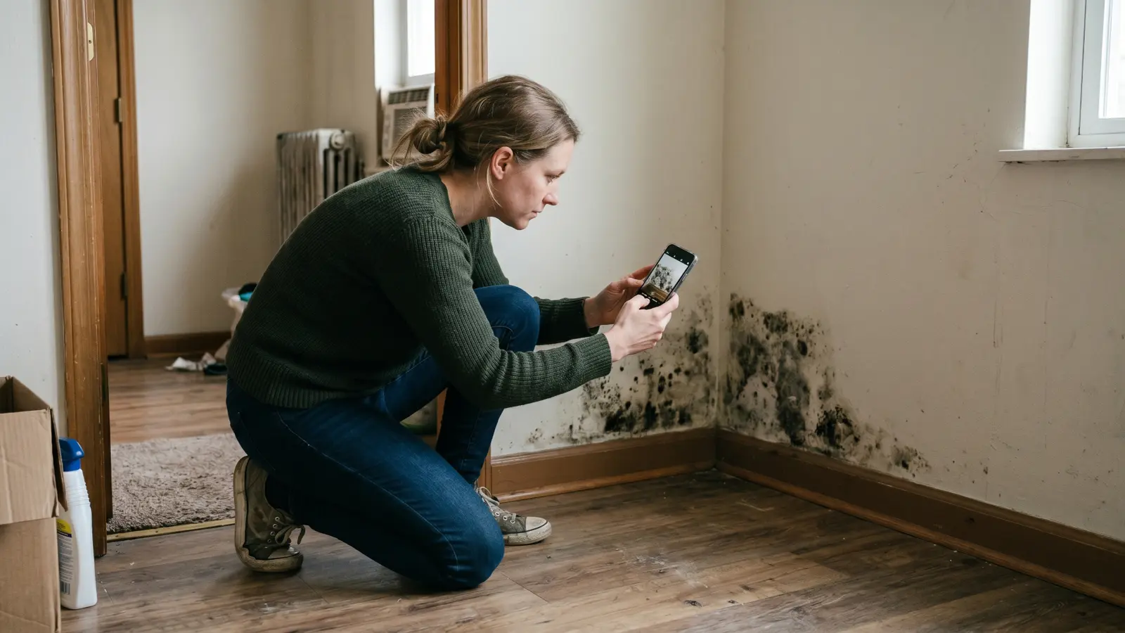 Tenant crouching to photograph mold on a baseboard wall in her rental apartment to document it for her landlord