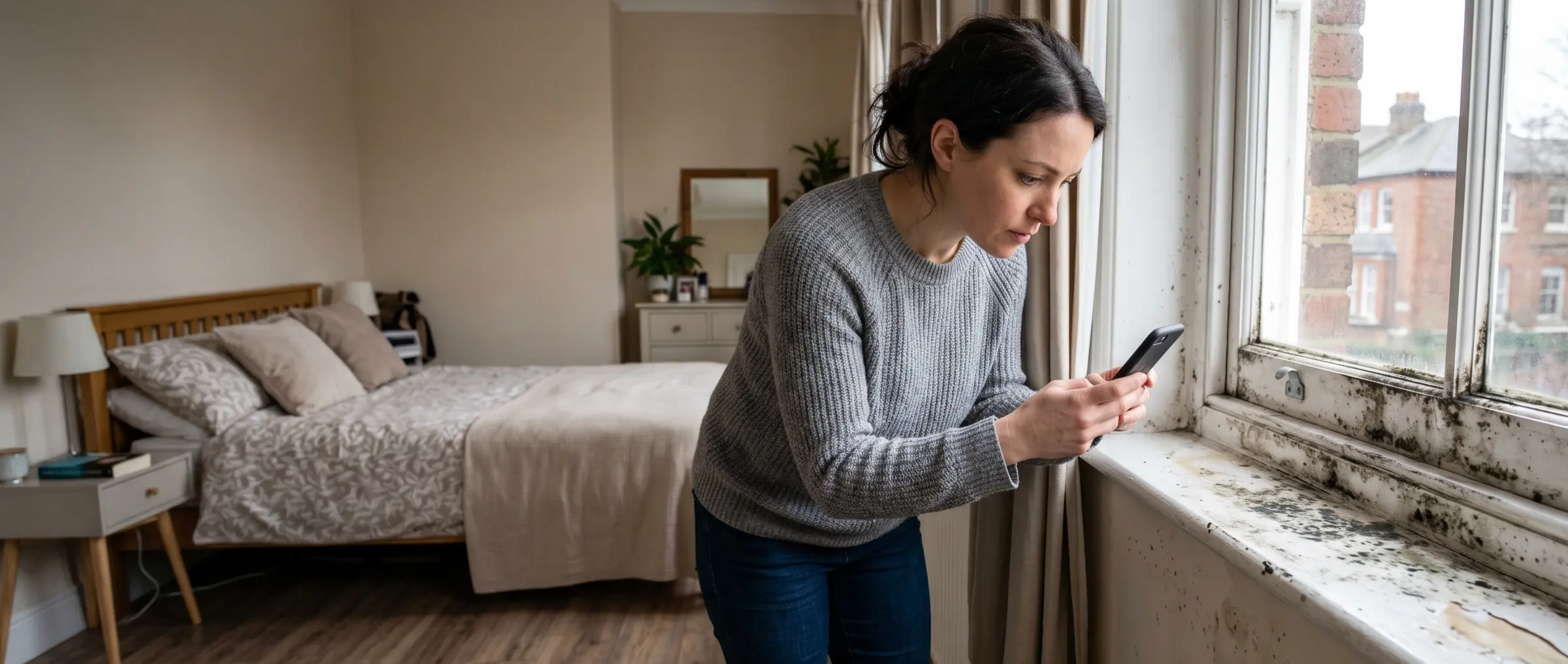 Renter documenting mold growth on a window sill to report to her landlord