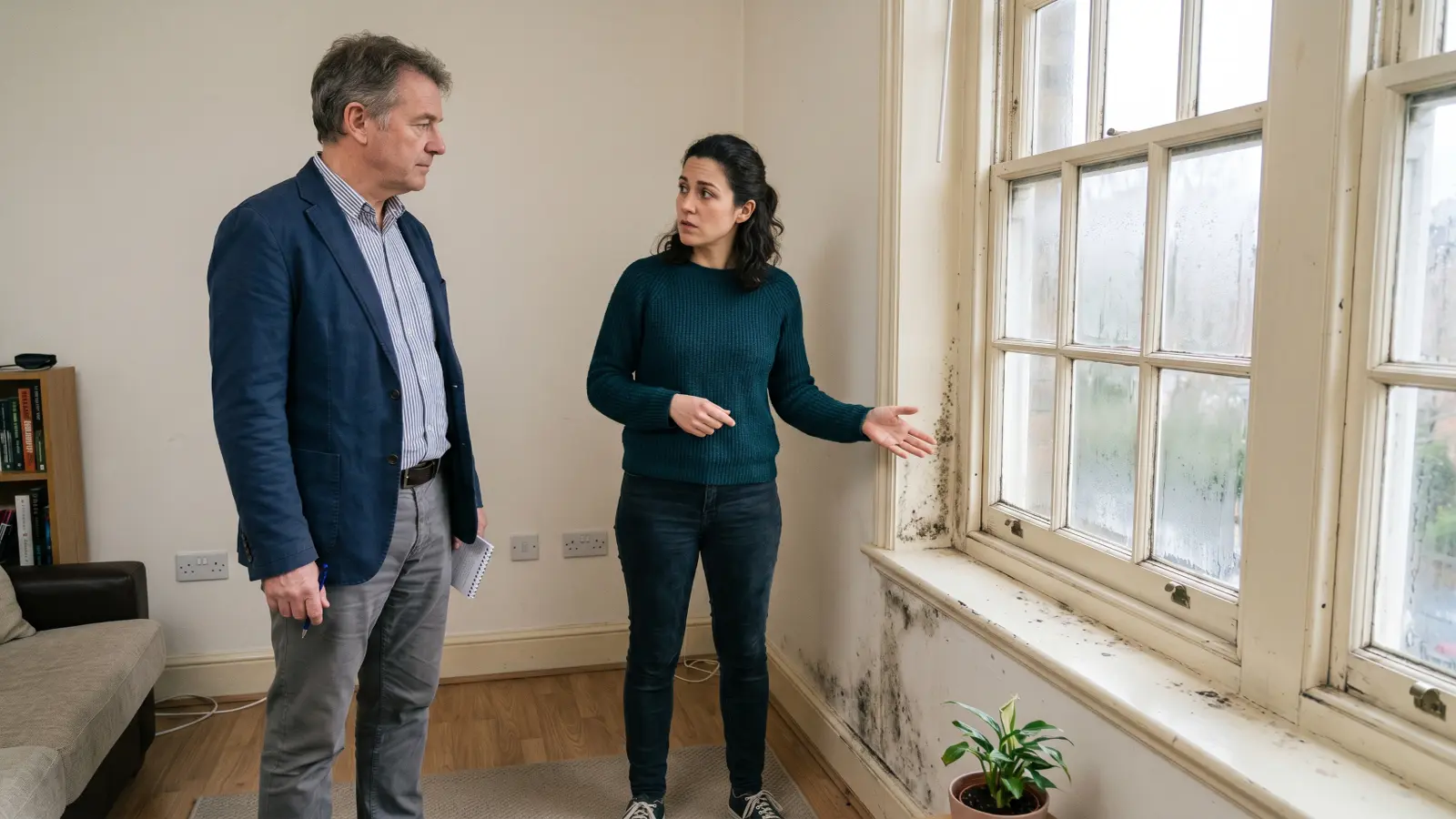 Tenant showing landlord mold growth beside a window in a rental apartment