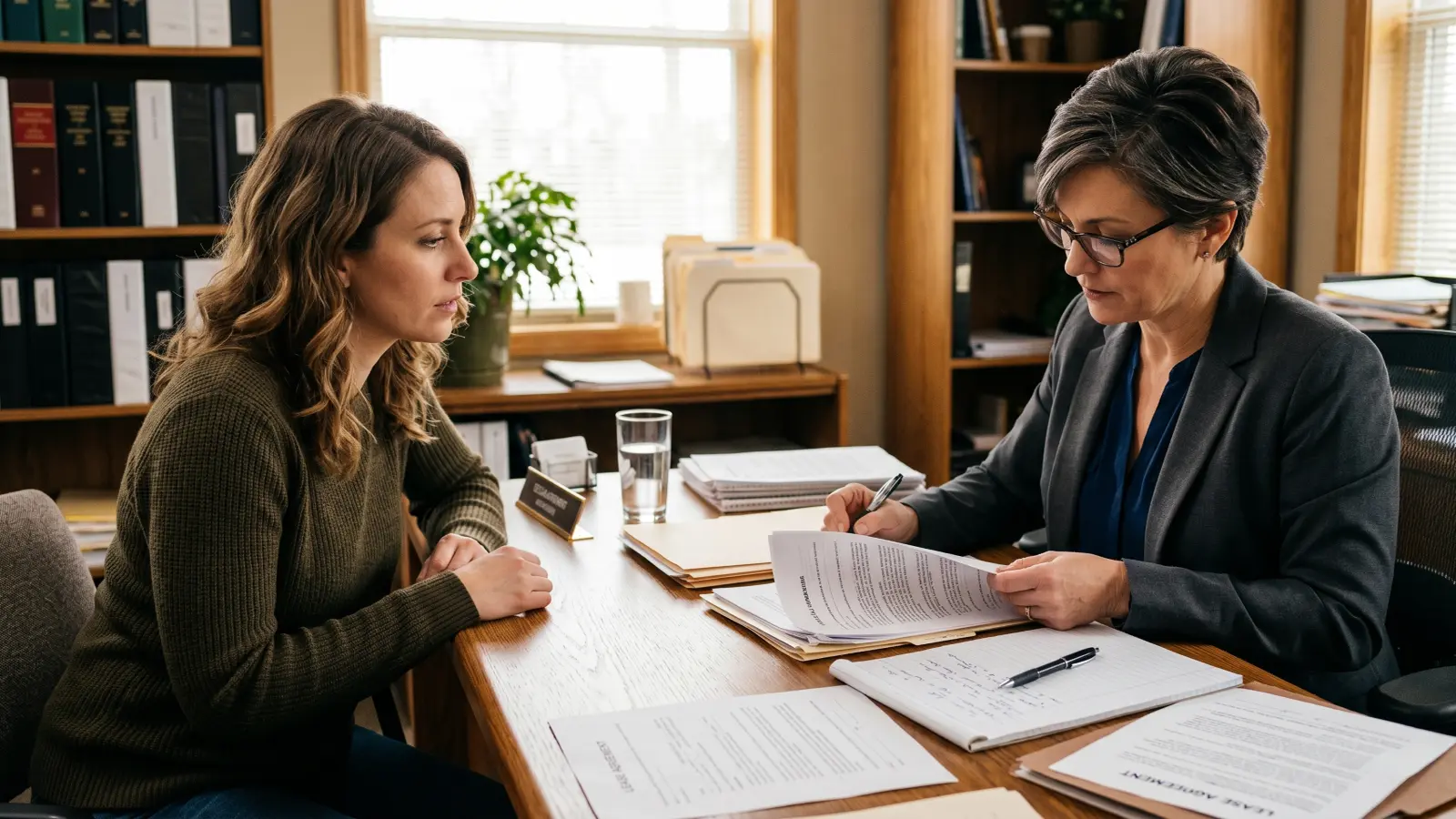 Tenant consulting with a lawyer about her rights after her landlord refused to remediate mold