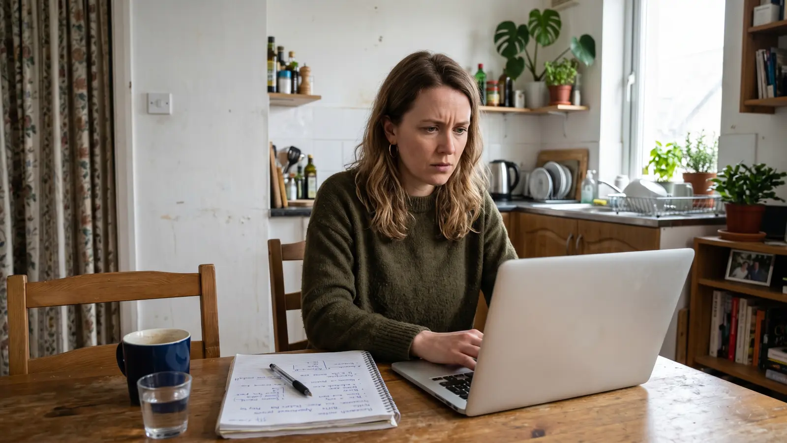 Tenant researching state mold laws on a laptop at her kitchen table with handwritten notes beside her