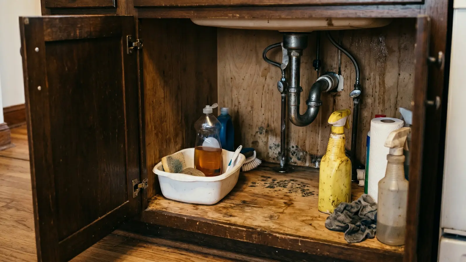 Mold growing inside a rental apartment cabinet under the sink from an unreported slow leak