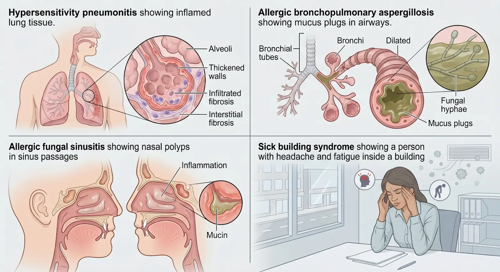 Medical illustration of four serious conditions linked to mold exposure: hypersensitivity pneumonitis with inflamed lung tissue, allergic bronchopulmonary aspergillosis with mucus plugs in airways, allergic fungal sinusitis with nasal polyps, and sick building syndrome showing a person with headache and fatigue
