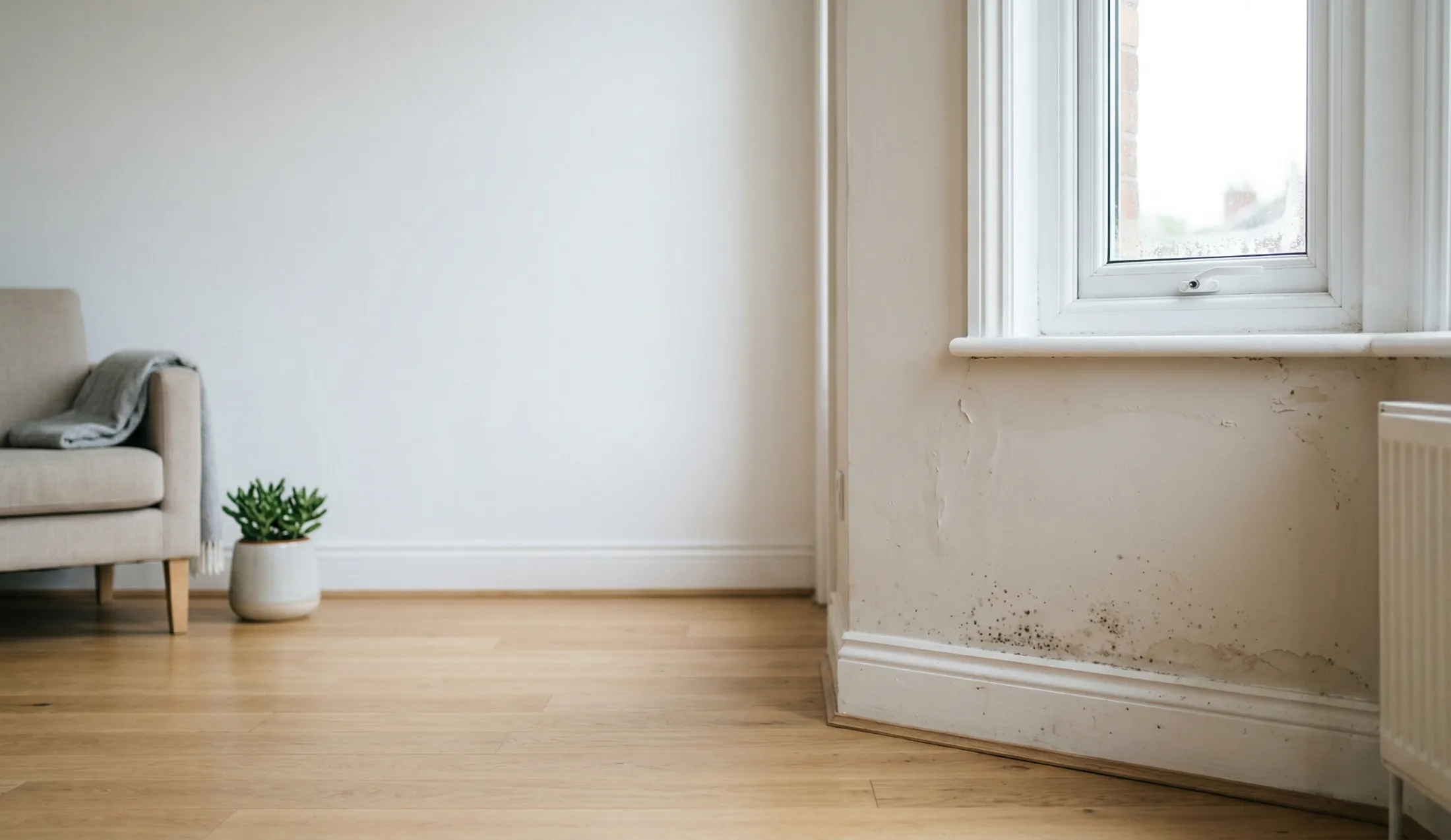 early signs of mold growth on wall near window with visible spotting and water damage