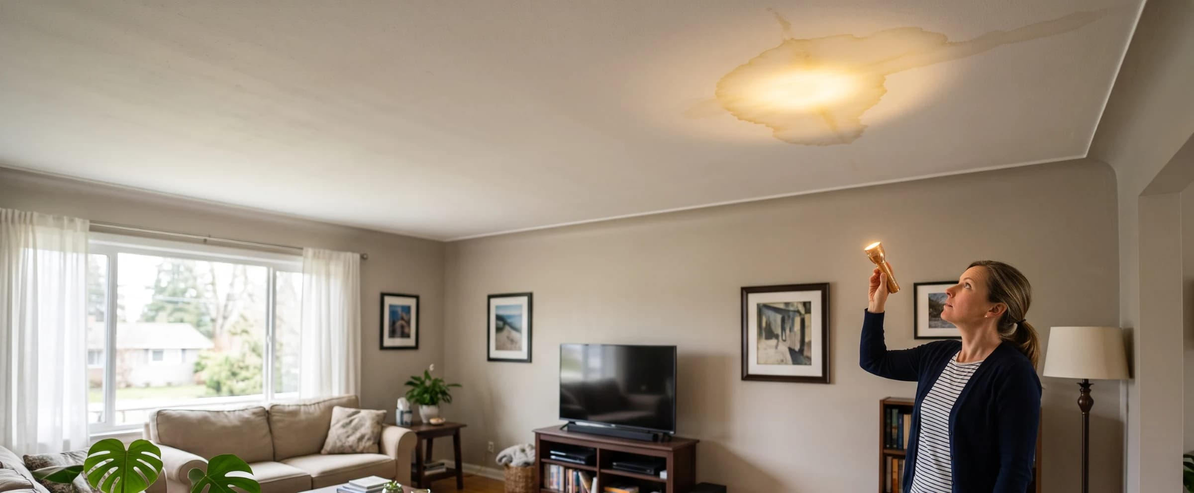 Homeowner shining a flashlight on a water stain spreading across a ceiling
