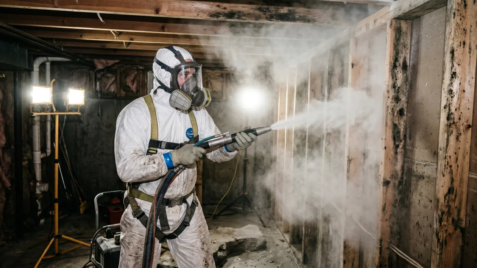Mold remediation technician in a Tyvek suit and full-face respirator soda blasting mold off wood framing in an unfinished basement