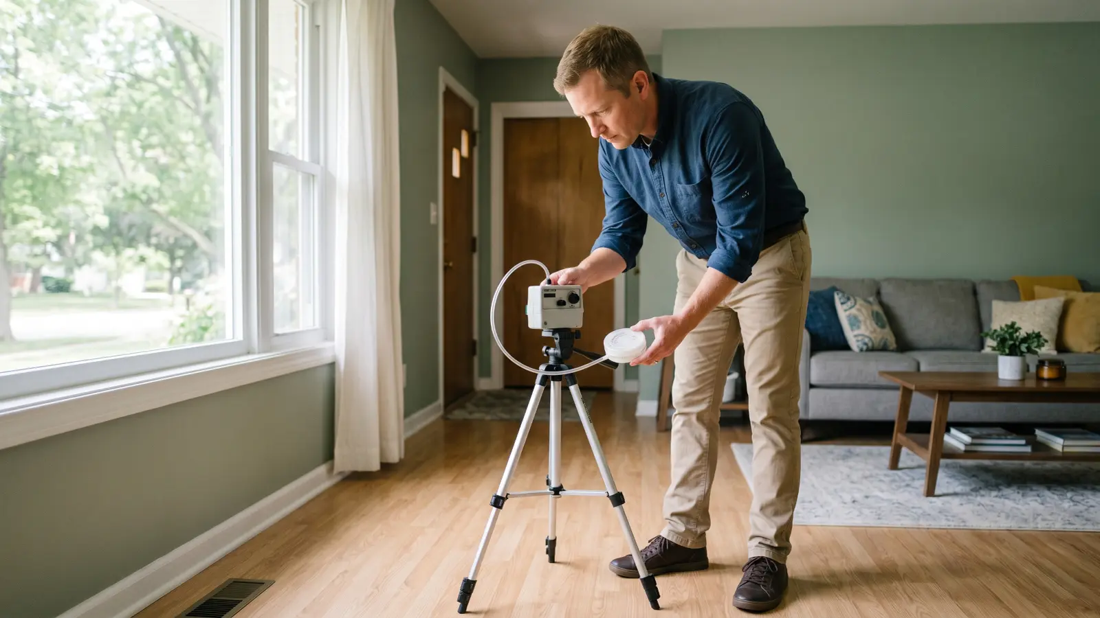 Indoor air quality inspector setting up an air sampling pump on a tripod in a residential living room for mold clearance testing