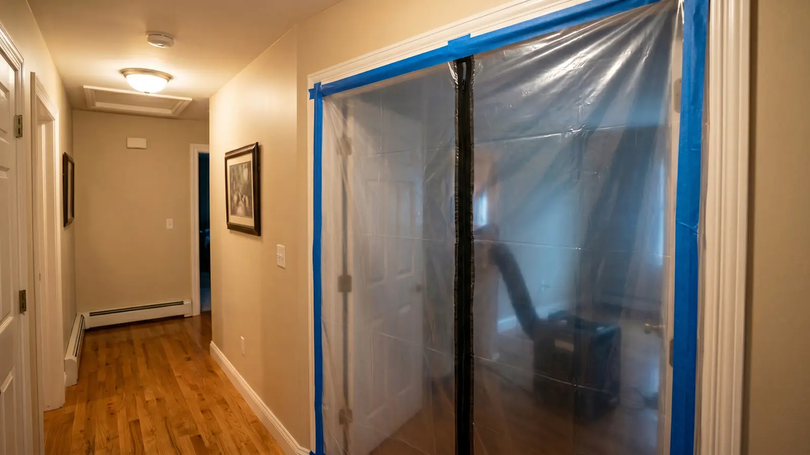 Mold remediation containment barrier with plastic sheeting and blue painter's tape sealing off a work area, with a negative air machine visible through the plastic