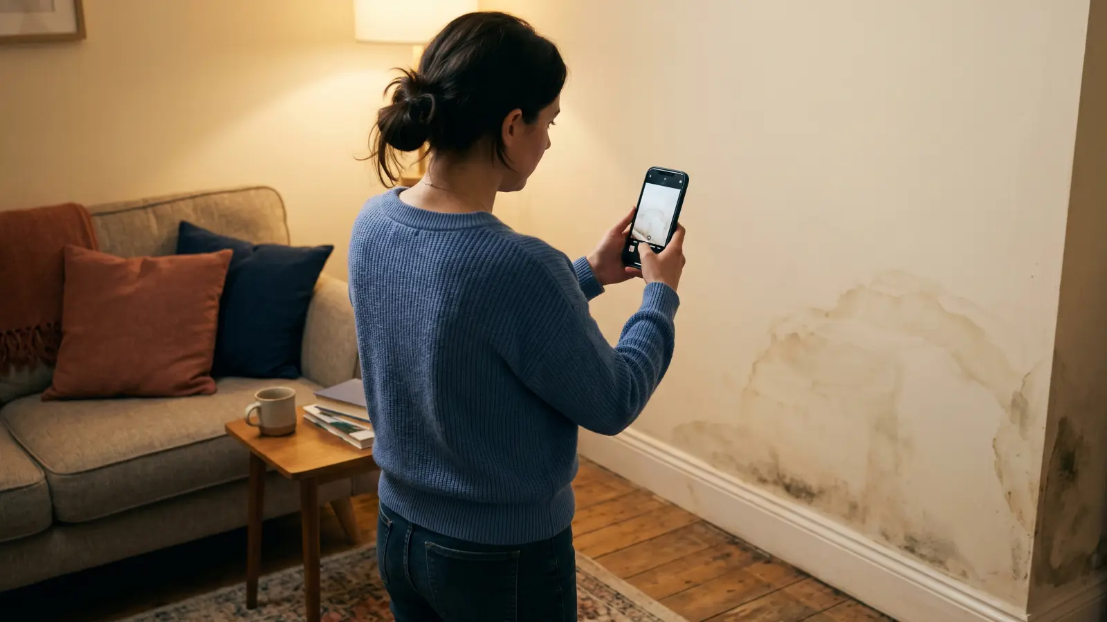 Homeowner photographing mold damage on a wall with a smartphone before mold remediation begins