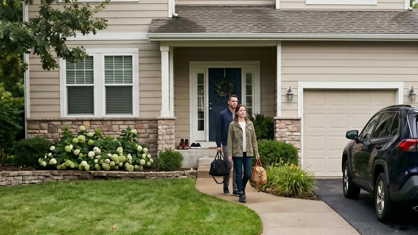 Couple walking toward their car with overnight bags after leaving their home for mold remediation