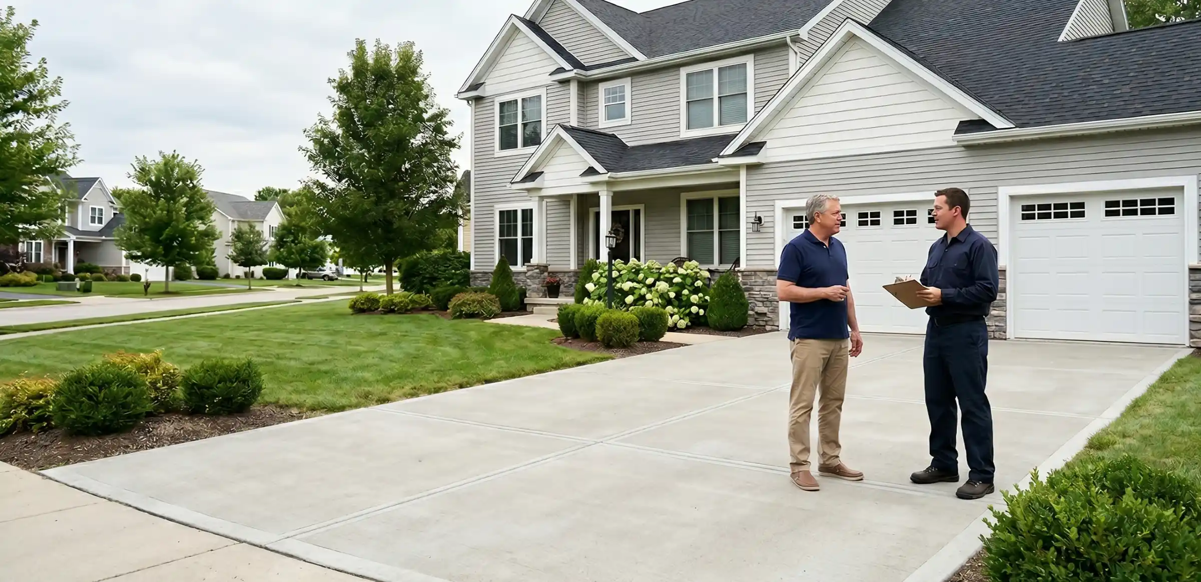 Homeowner and mold remediation contractor talking outside a suburban home