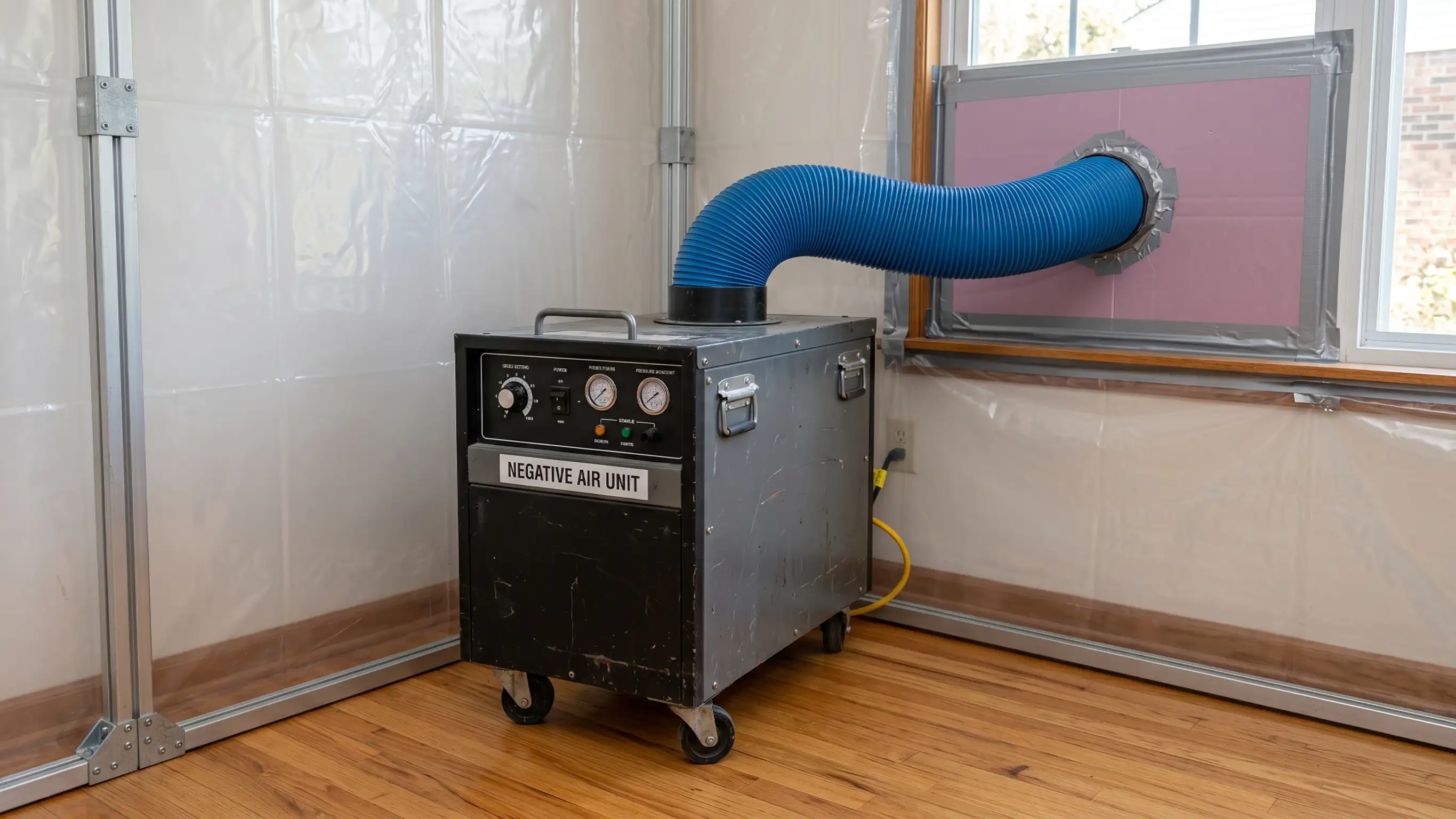 Negative air machine inside a mold remediation containment zone with exhaust hose venting through a sealed foam board panel in the window