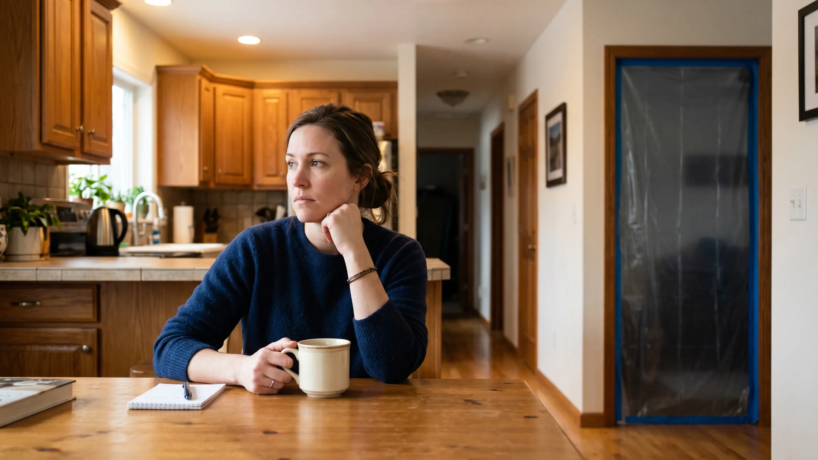 Homeowner sitting at kitchen table with coffee looking concerned while mold remediation containment barrier is visible in the background
