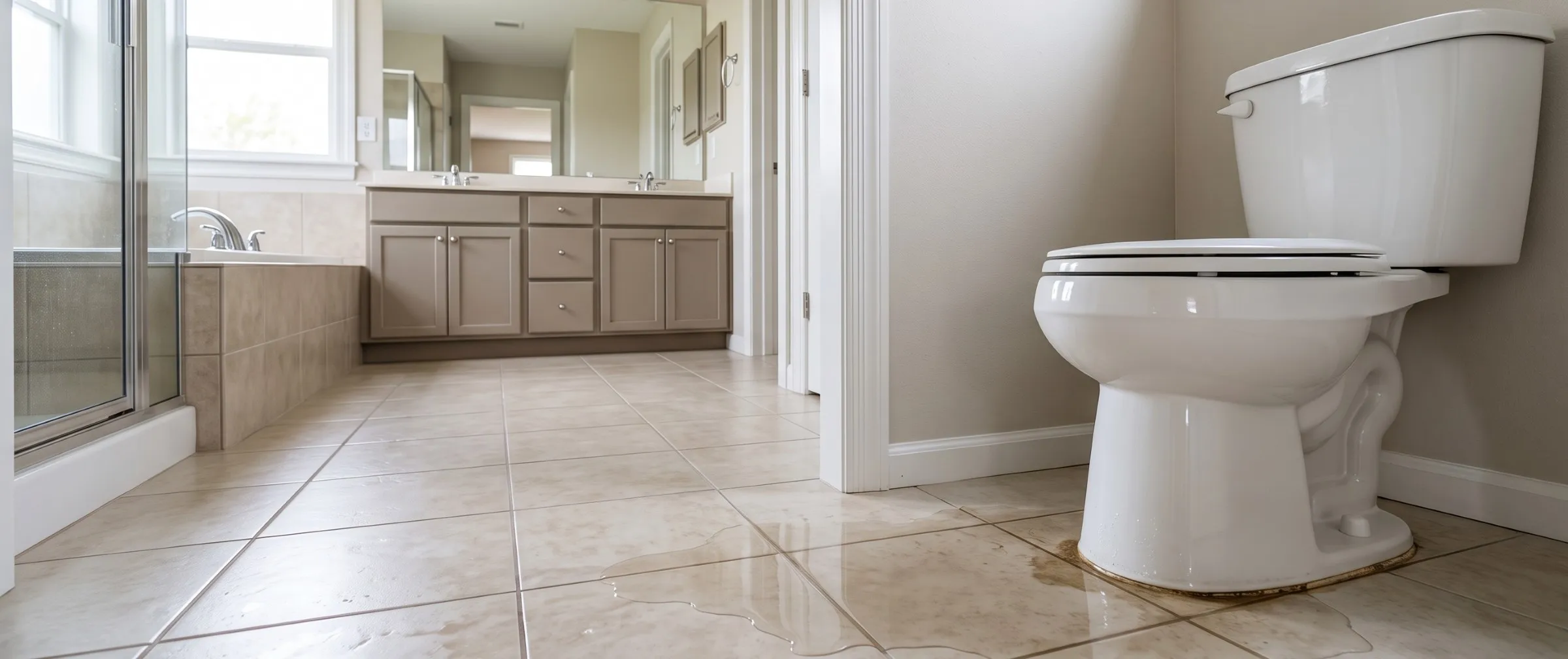 Water spreading across a tile bathroom floor from the base of a toilet, with a vanity and glass shower visible across the room