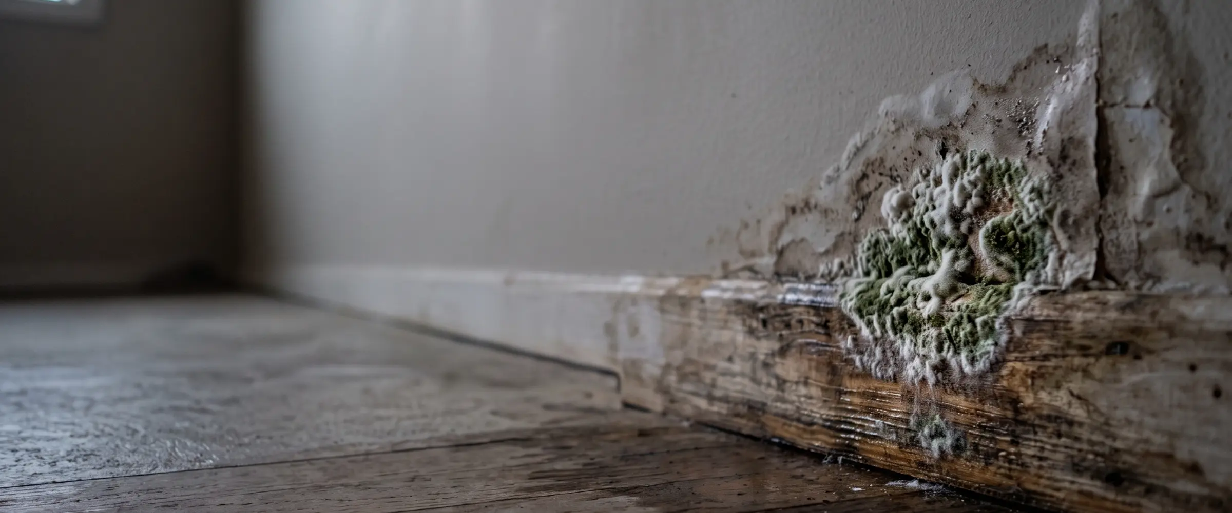 White and green Trichoderma mold growing on a water-damaged wood baseboard and drywall corner