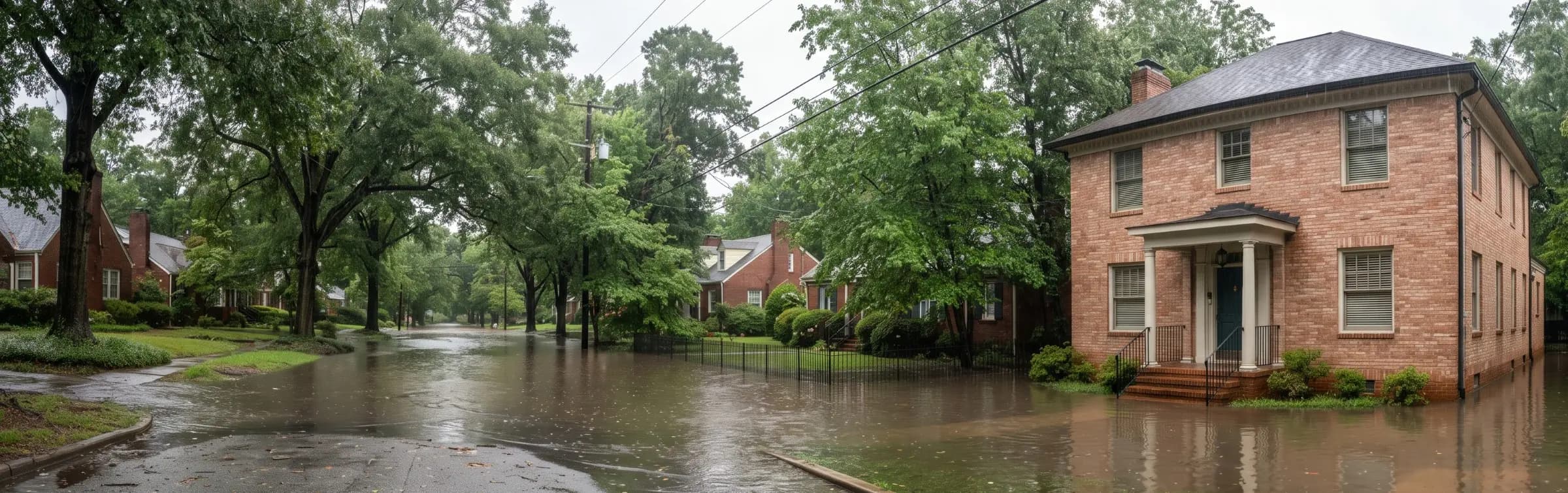 Two story brick house on a tree lined Atlanta street with shallow brown floodwater covering the street, lawn, and curb after heavy rain