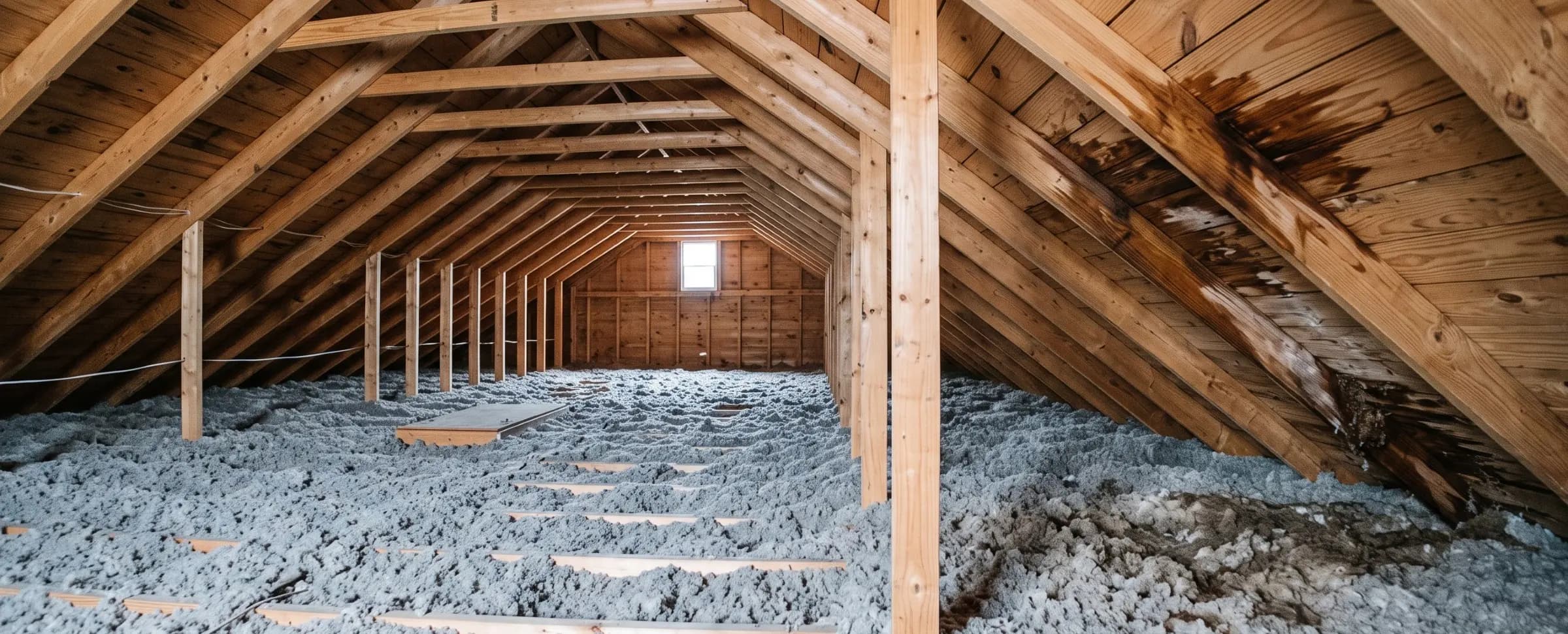 Water staining and damp insulation along the roof deck of a residential attic