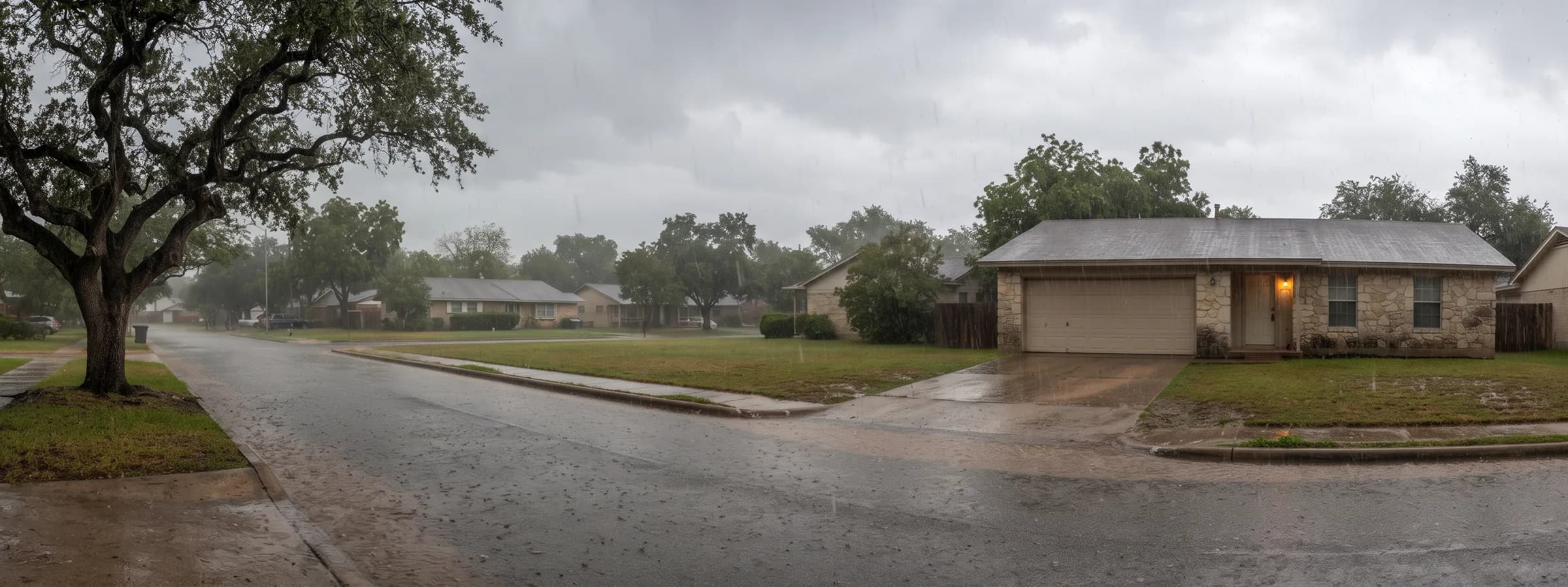 Older one story stone ranch house with a two car garage on an Austin street in heavy rain, with brown water ponding in the street gutter and across the foot of the driveway