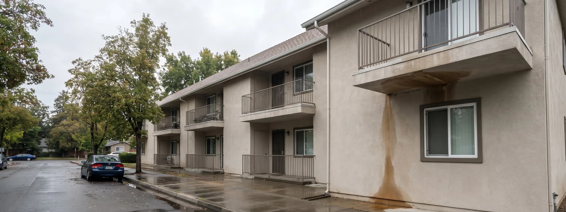 Brown water stain on the underside of a second floor balcony slab with a rust-brown streak running down the stucco wall beside a ground floor window, on an apartment building with balconies on neighboring units