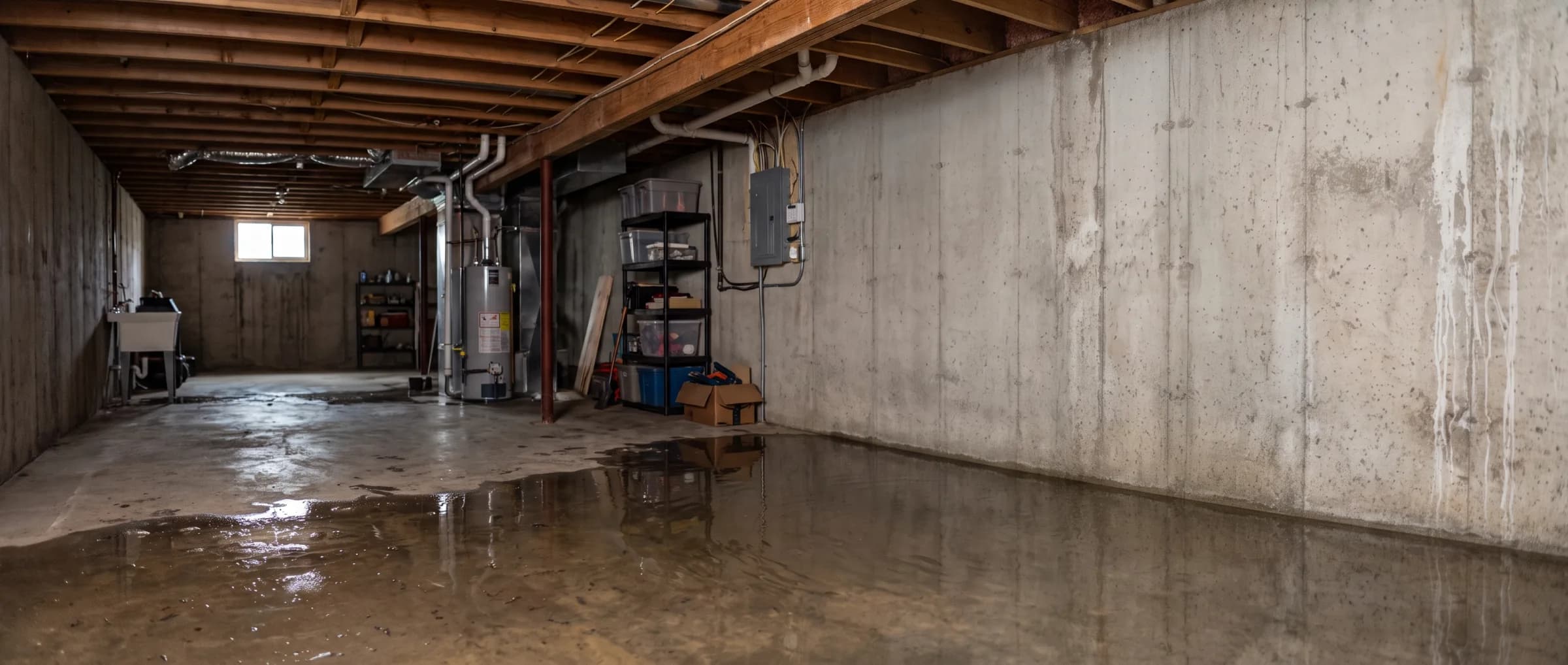 Standing water covering the floor of an unfinished basement beside a stained foundation wall