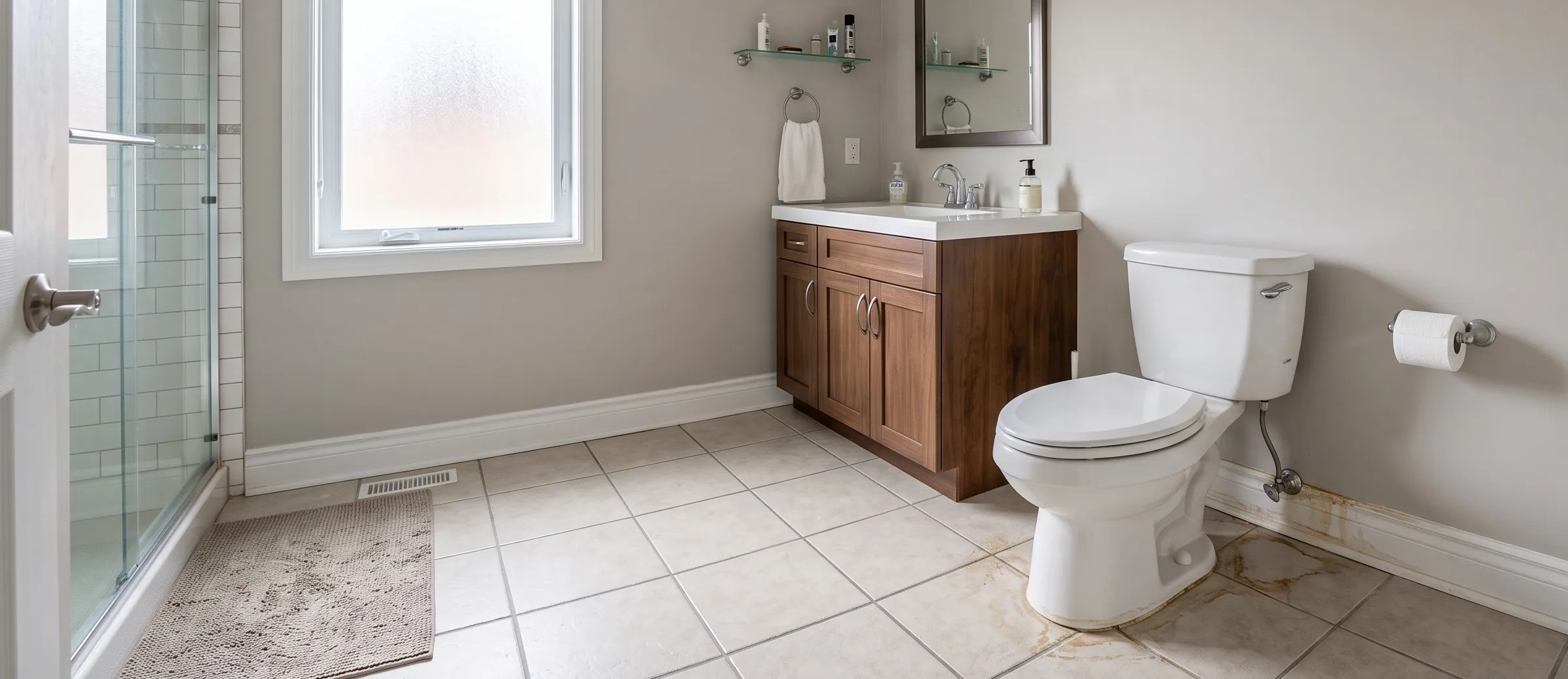 Water stain and warped baseboard around a toilet in a home bathroom