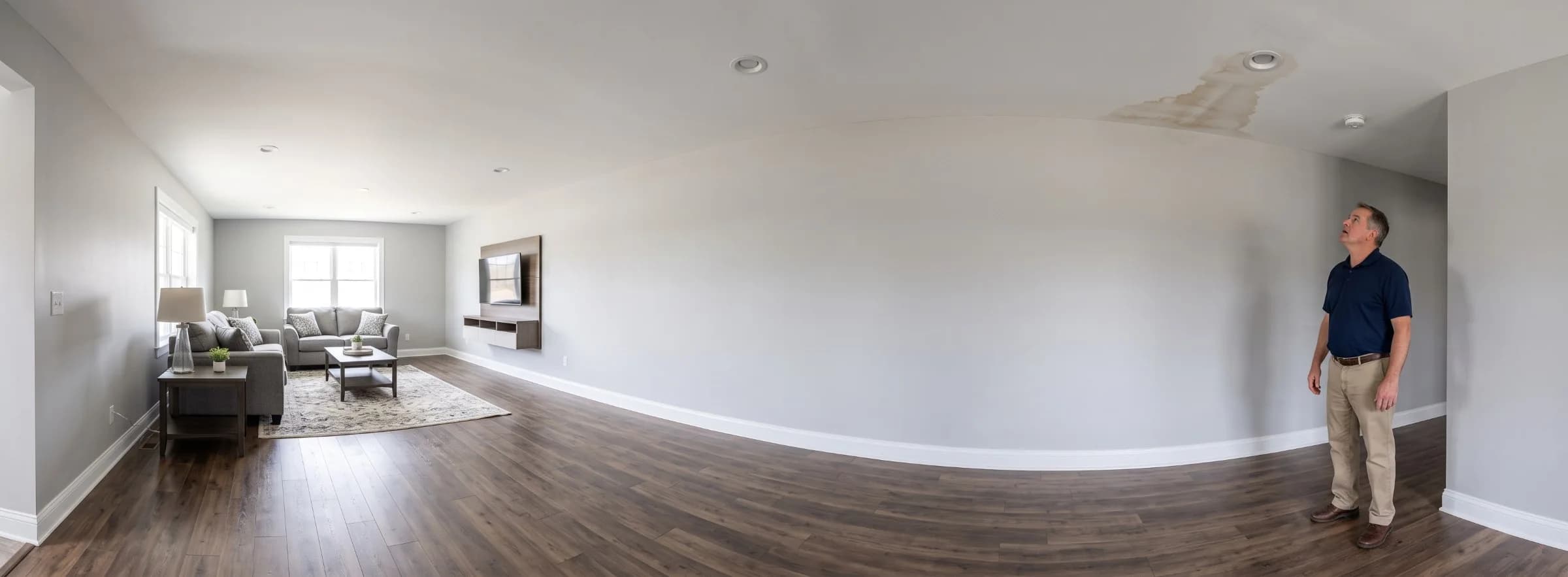 A homeowner inspecting a water stained ceiling in a newly built house