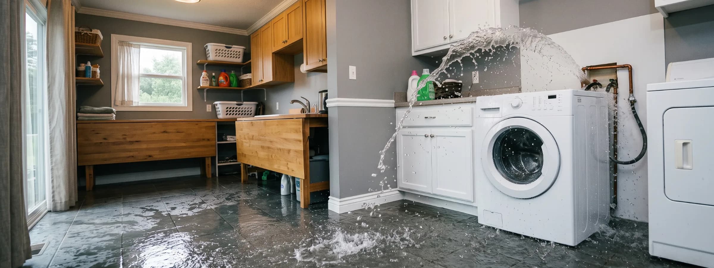 Burst copper pipe spraying water across a laundry room floor near a washing machine