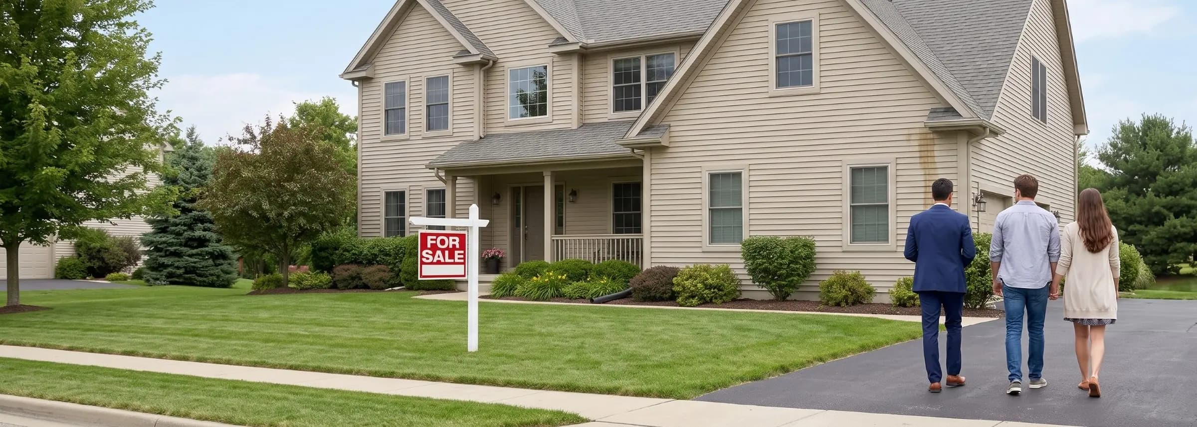 A couple and their real estate agent walking up the driveway toward a house with a For Sale sign, a rust-colored water stain visible on the siding near the roofline