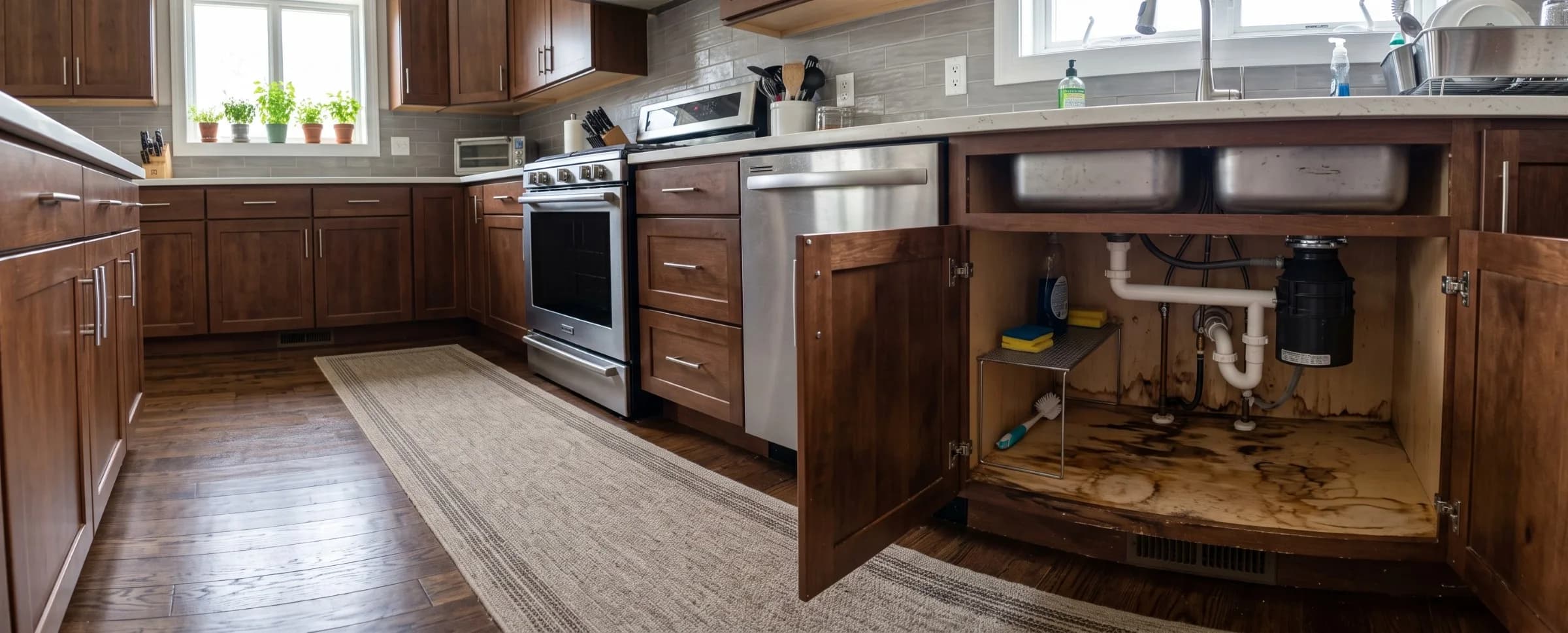 Open kitchen cabinet under a sink showing a water-stained particleboard base