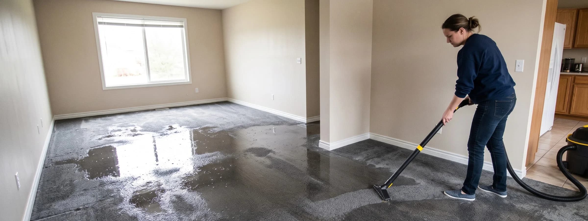 Technician using a wet/dry vacuum to extract standing water from a flooded living room carpet