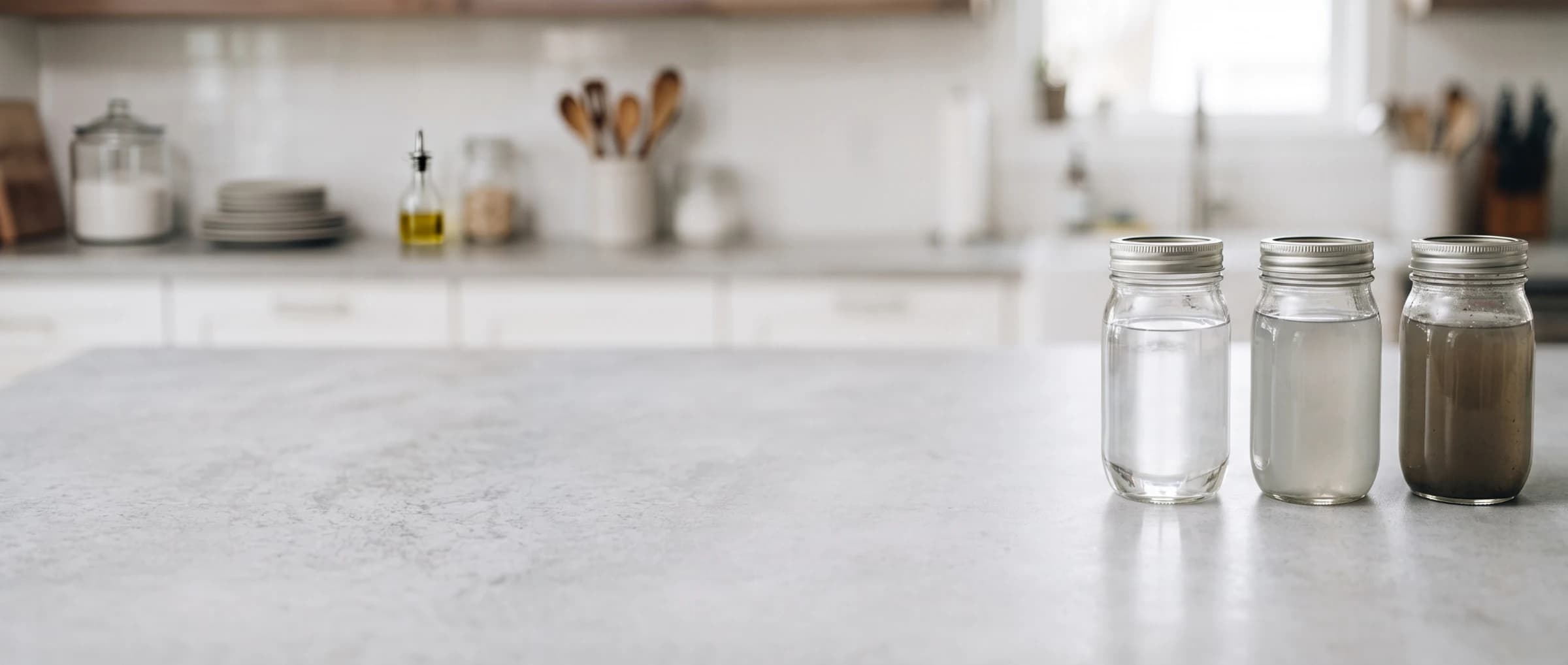 Three glass containers showing clean, gray, and dark contaminated water side by side